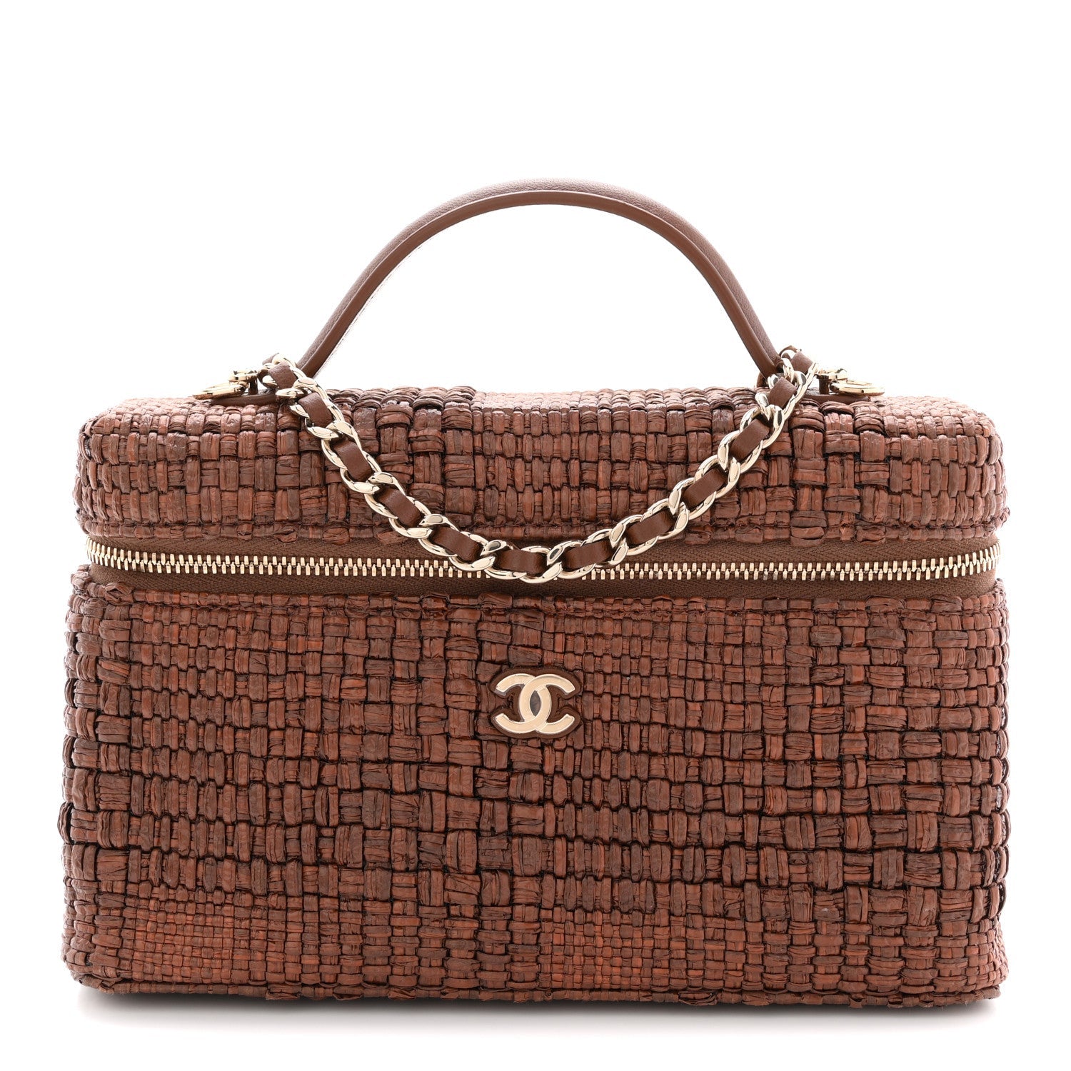 Chanel Braided Raffia Quilted Top Handle Slim Vanity With Chain Brown