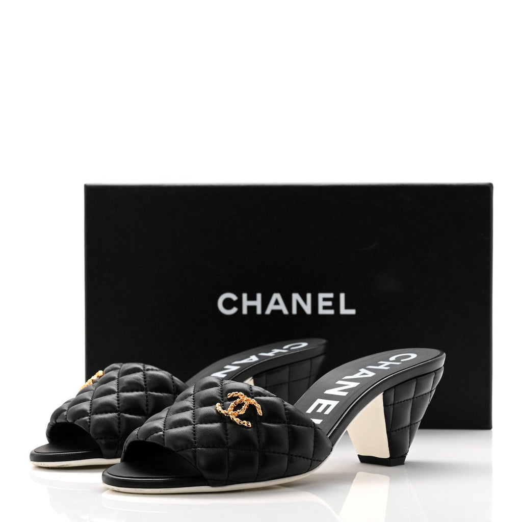 Lambskin Quilted Textured CC Mules 37.5 Black