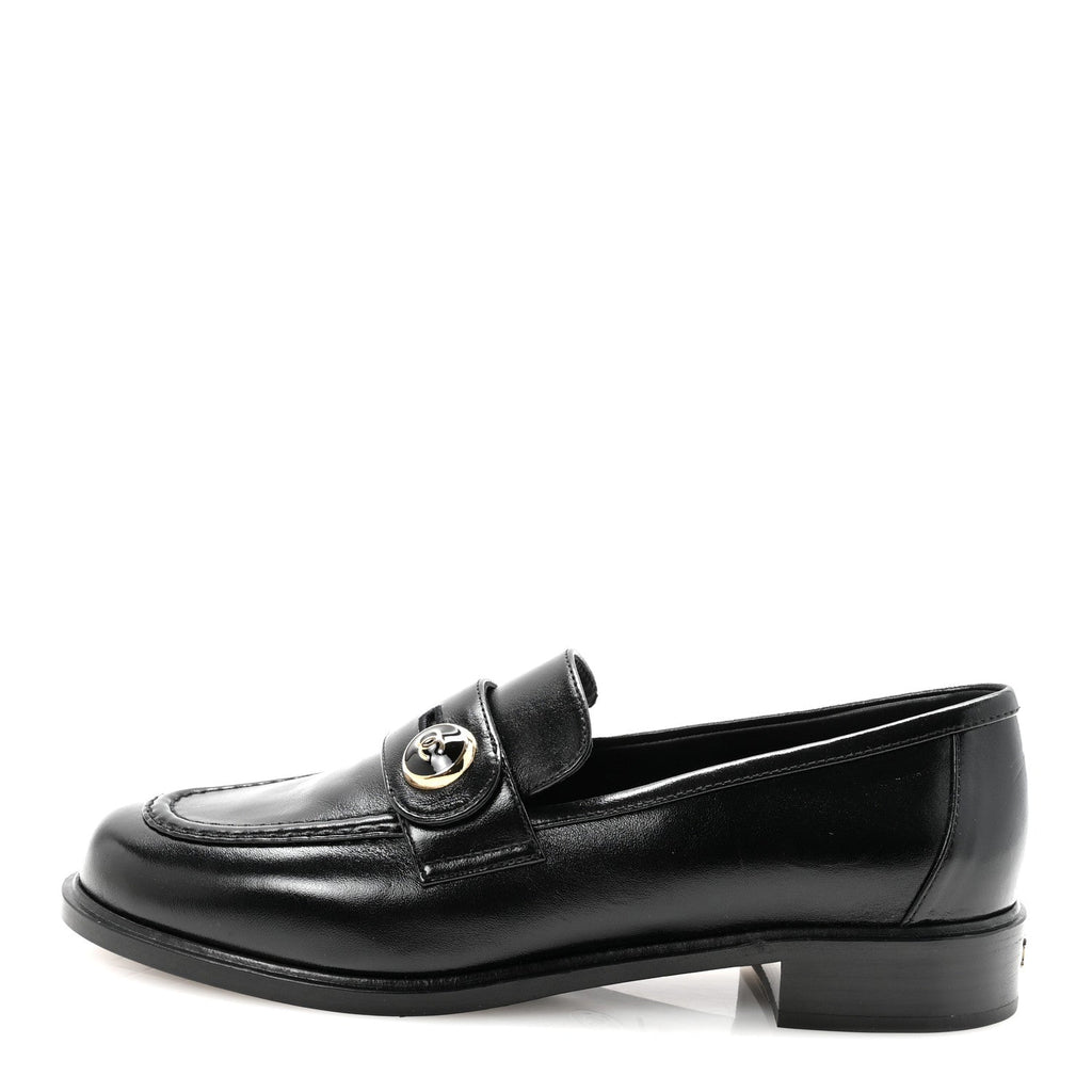 Chanel Shiny Calfskin CC Mocassin Loafers 38.5 Black
