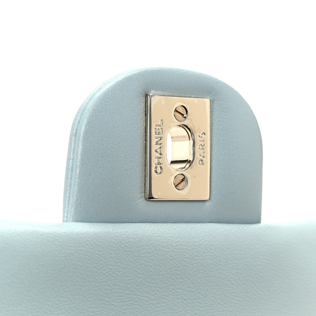 Chanel Lambskin Quilted Mini Top Handle Rectangular Flap Light Blue
