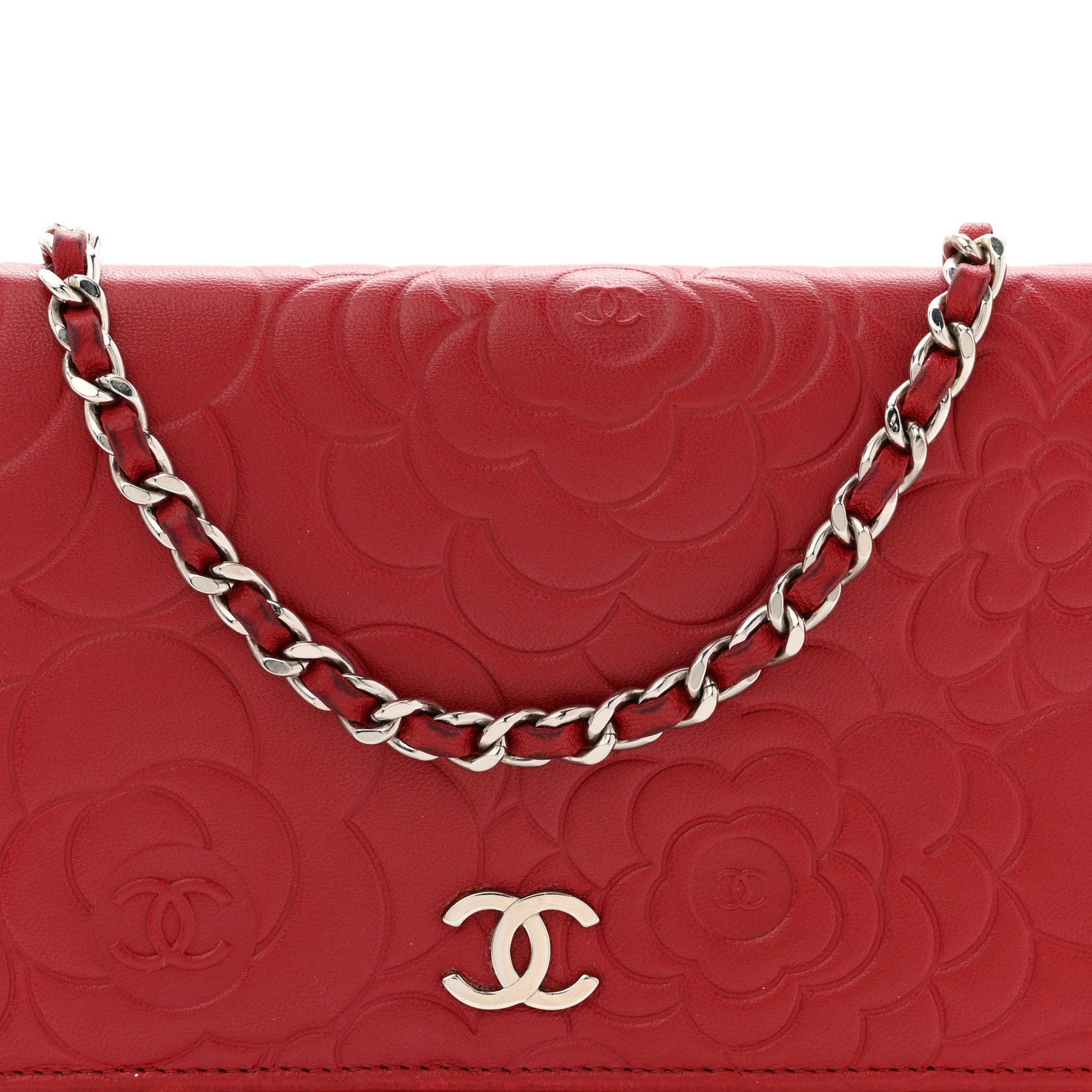 Chanel Lambskin Camellia Embossed Wallet On Chain WOC Red