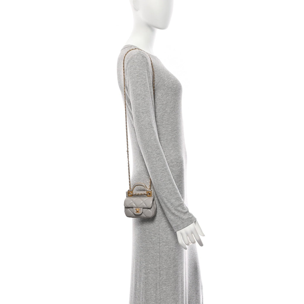 Chanel Calfskin Quilted Lady Handle Flap Card Holder With Chain Grey