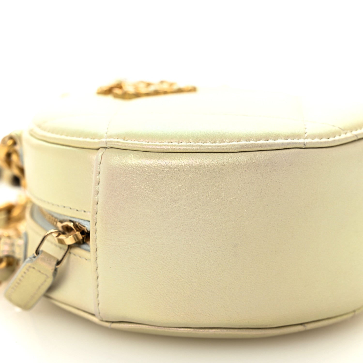 Chanel Iridescent Calfskin Quilted Chanel 19 Round Clutch With Chain White