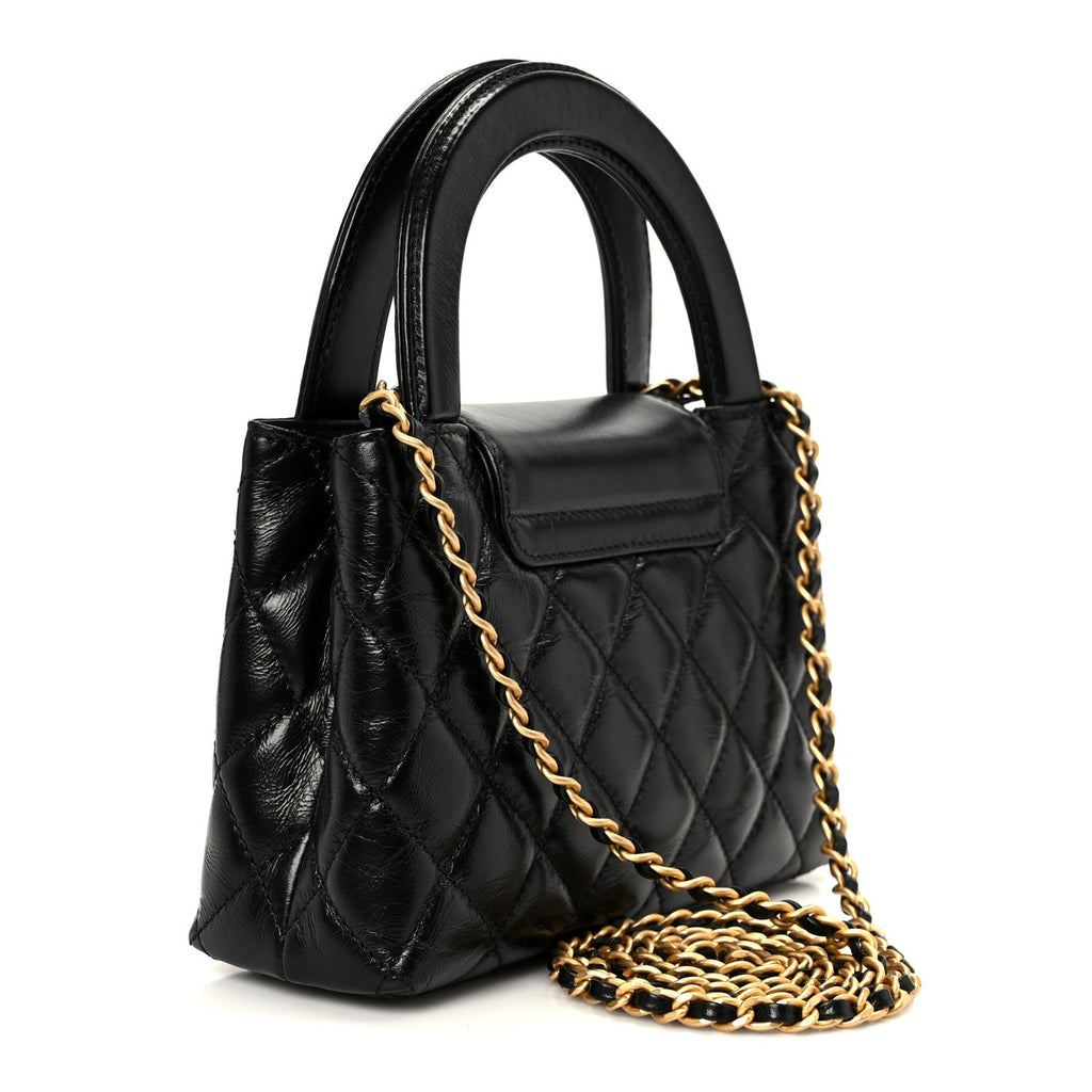Chanel Shiny Aged Calfskin Quilted Nano Kelly Shopper Black