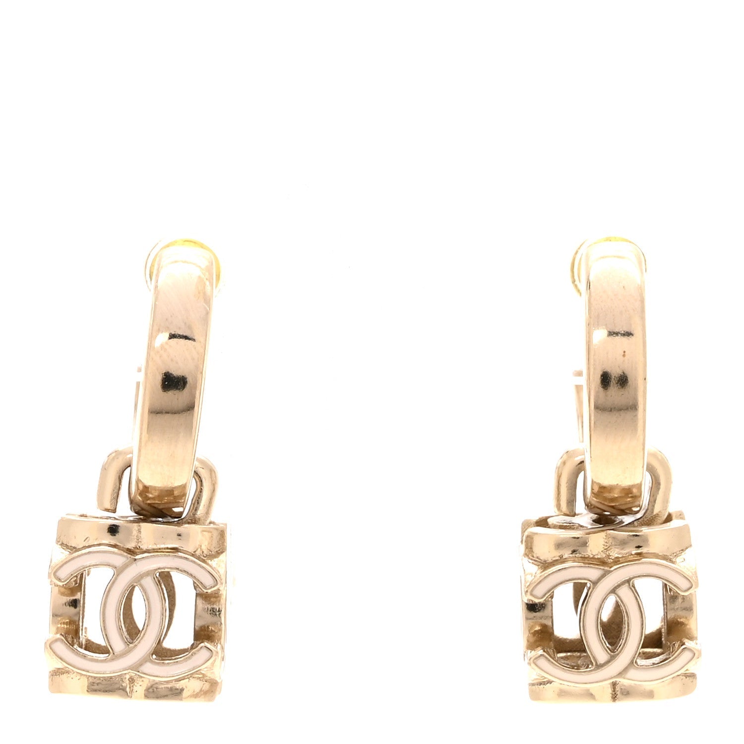 Enamel CC Cube Drop Earrings Gold White