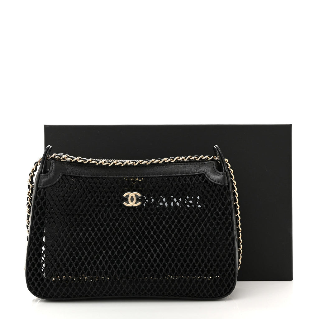 Chanel Mesh Shiny Lambskin Clutch With Chain Black