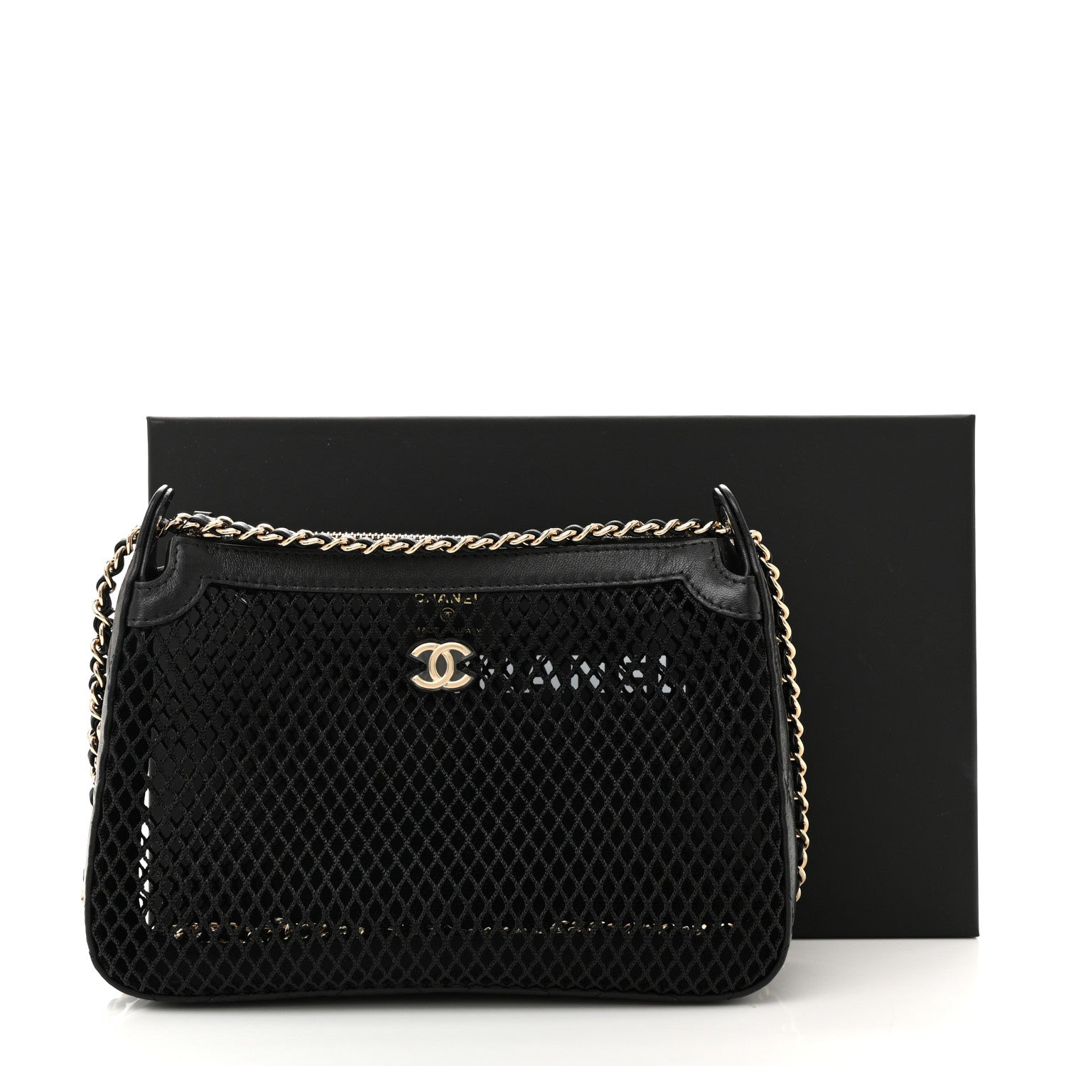 Chanel Mesh Shiny Lambskin Clutch With Chain Black