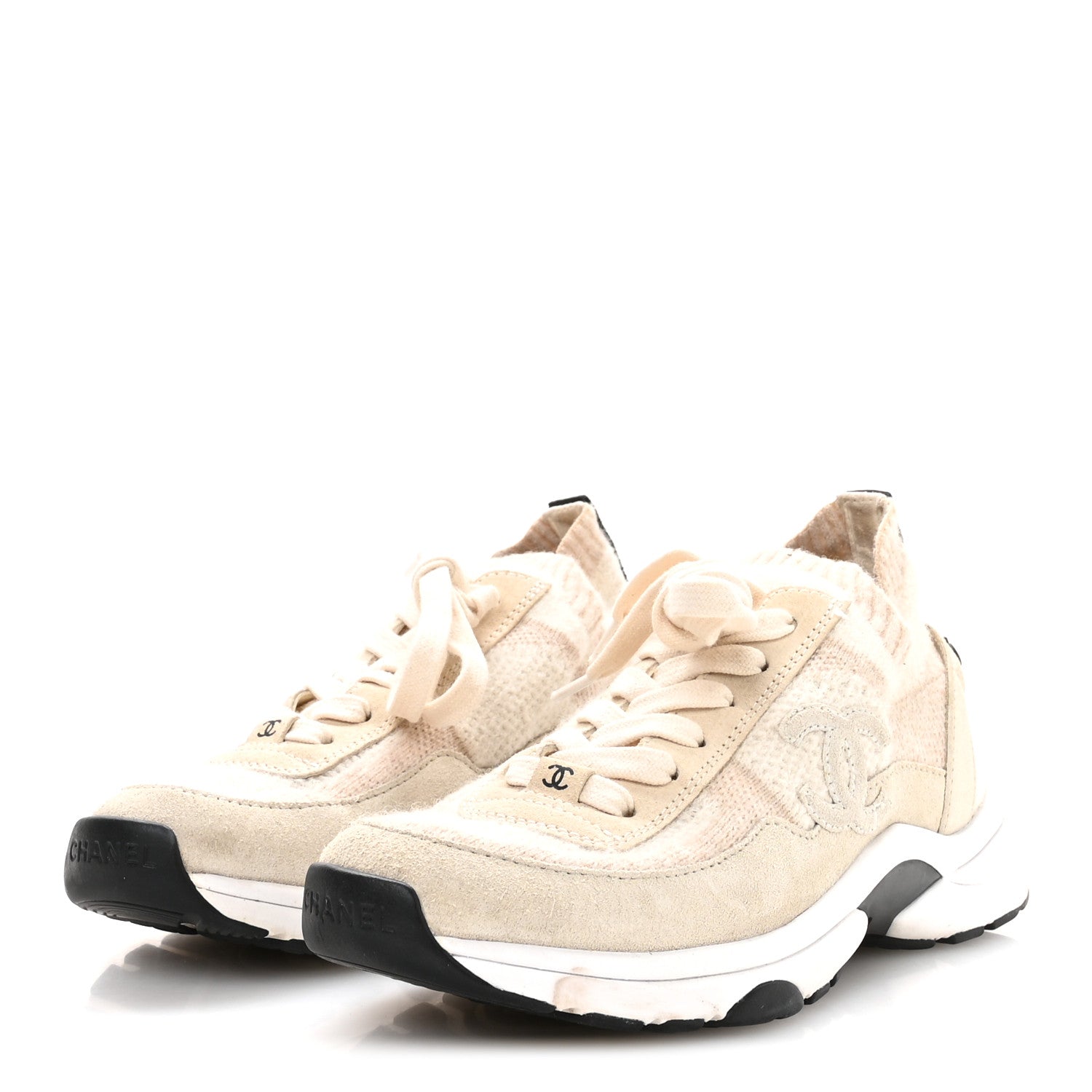 Knit Fabric Suede Calfskin Womens CC Sneakers 36 Ivory