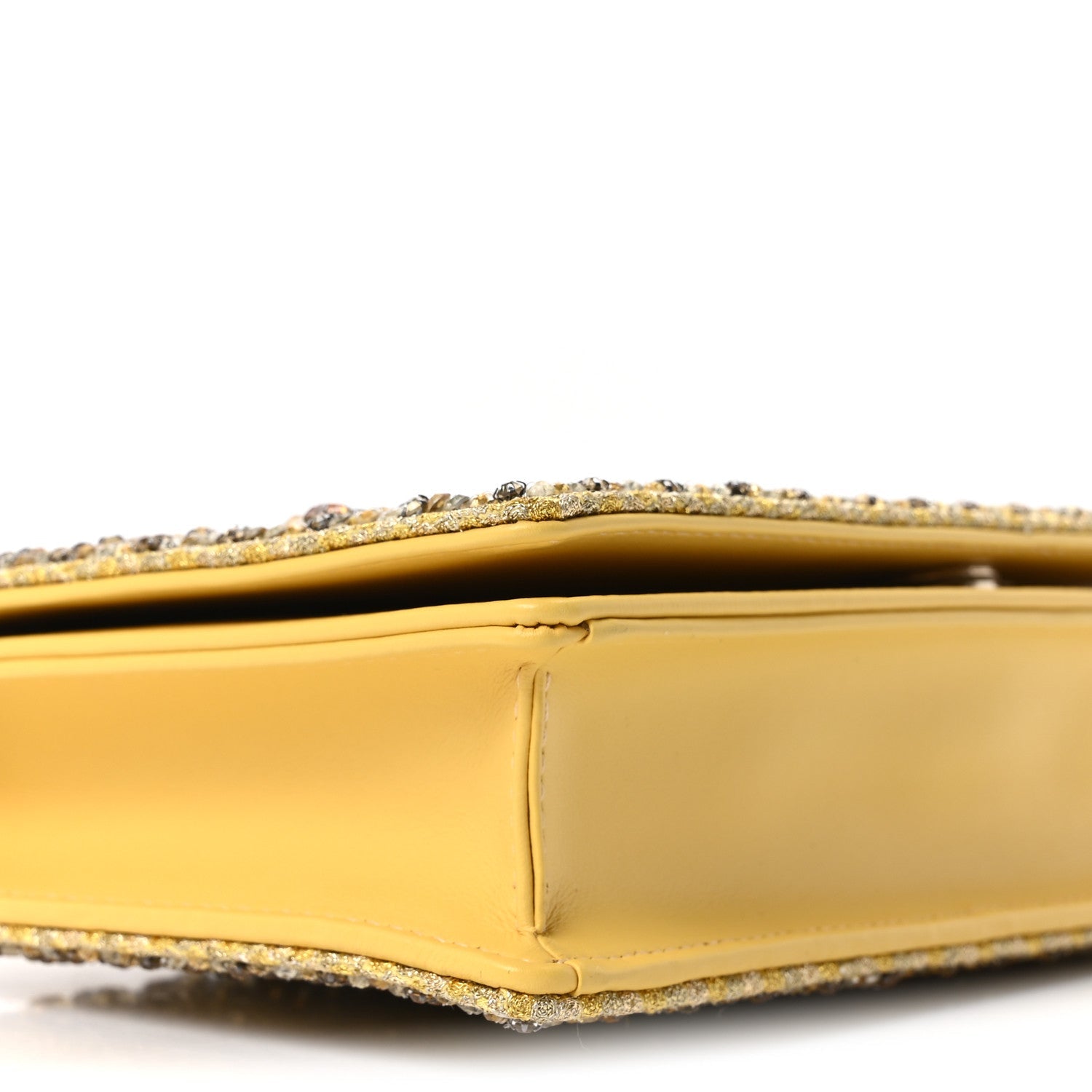Christian Dior Calfskin Satin Bead Embroidery Lady Dior Clutch Gold Yellow