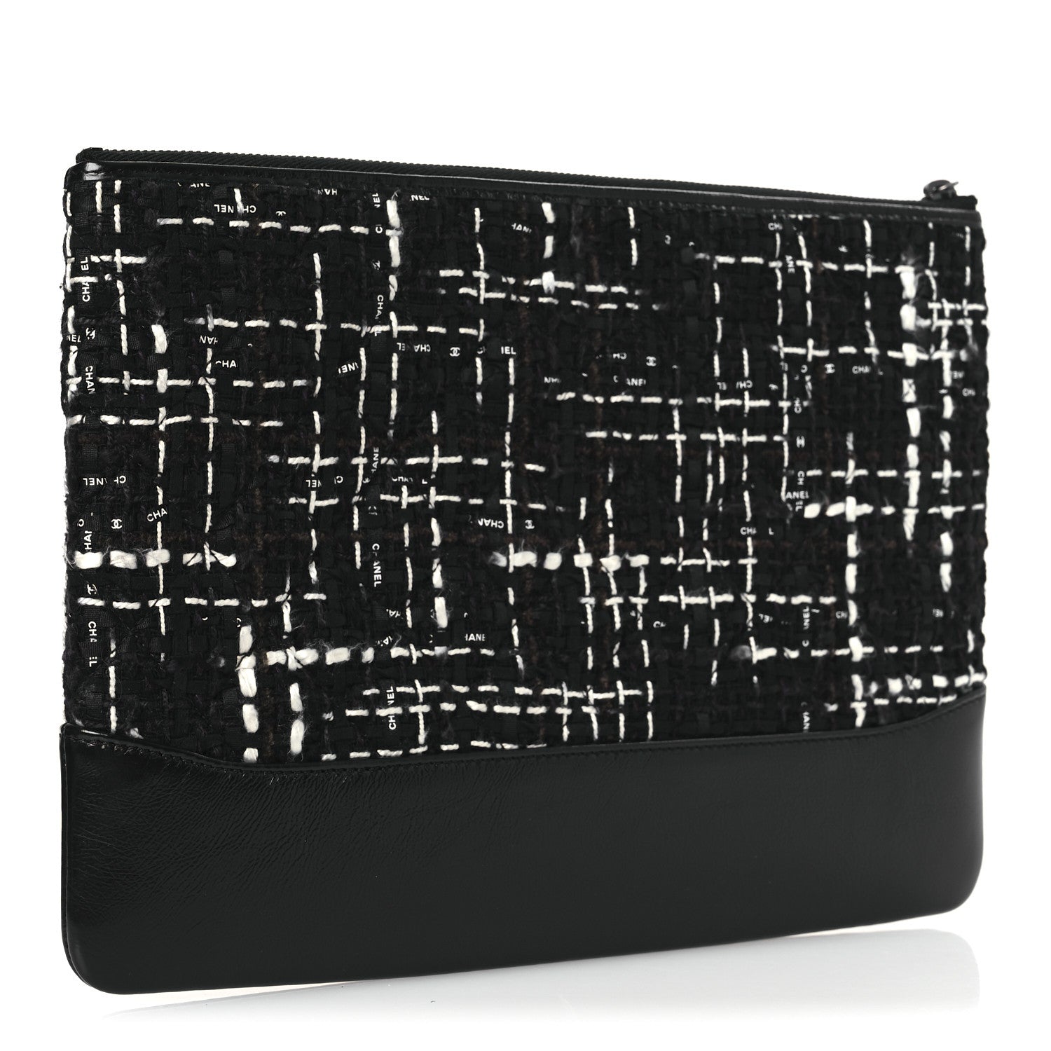 Chanel Tweed Calfskin Quilted Medium Cosmetic Pouch Black White