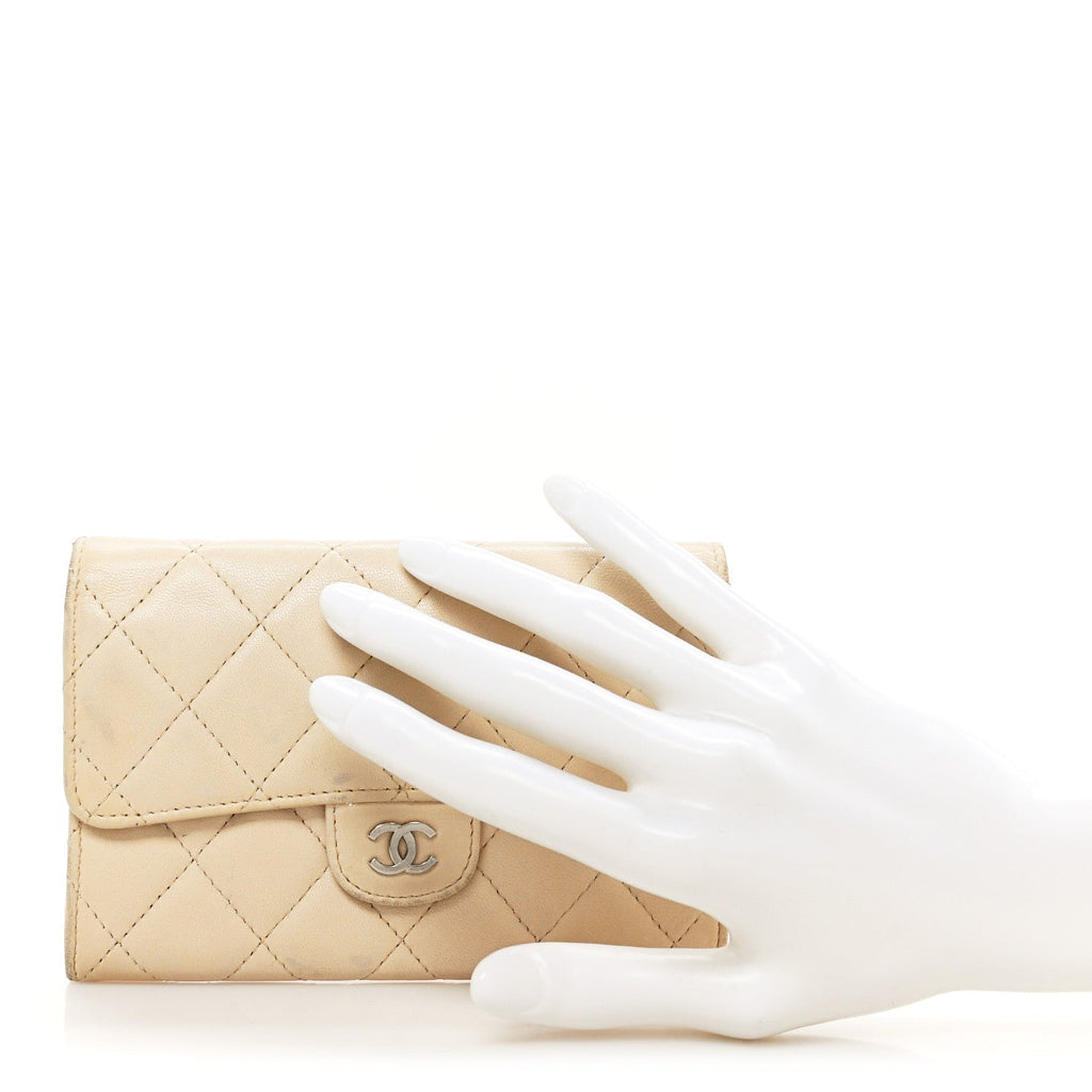 Lambskin Quilted Small Flap Wallet Light Beige