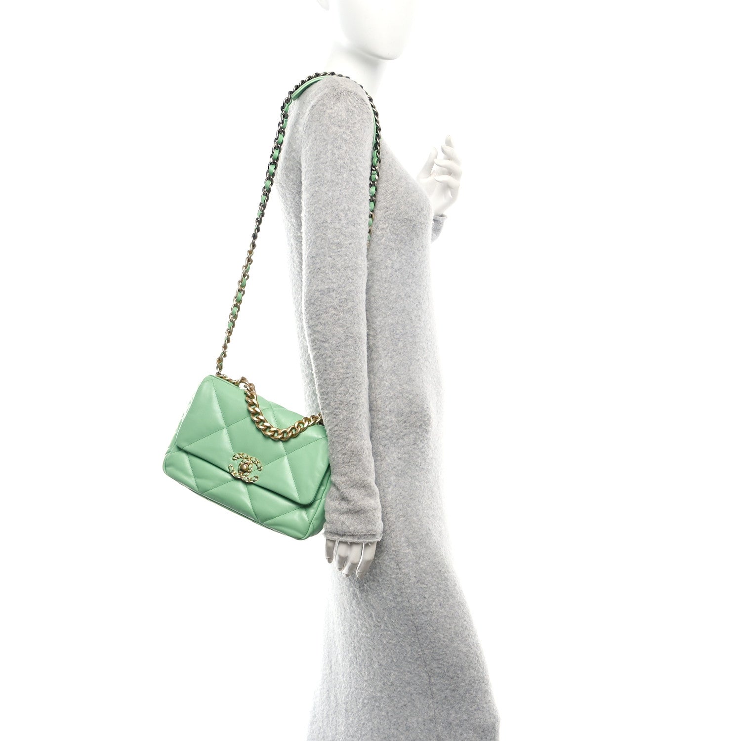 Chanel Goatskin Quilted Medium Chanel 19 Flap Light Green
