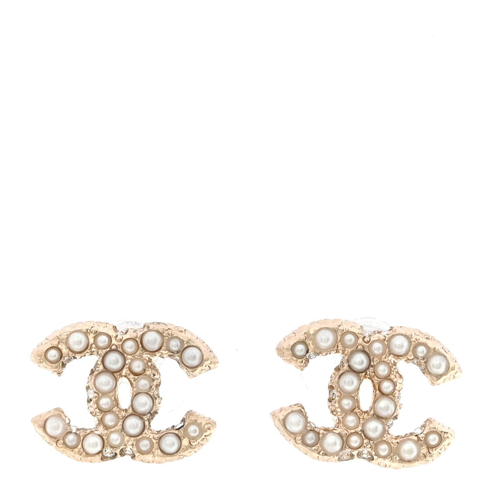 Metal Graduated Pearl Crystal CC Earrings Light Gold