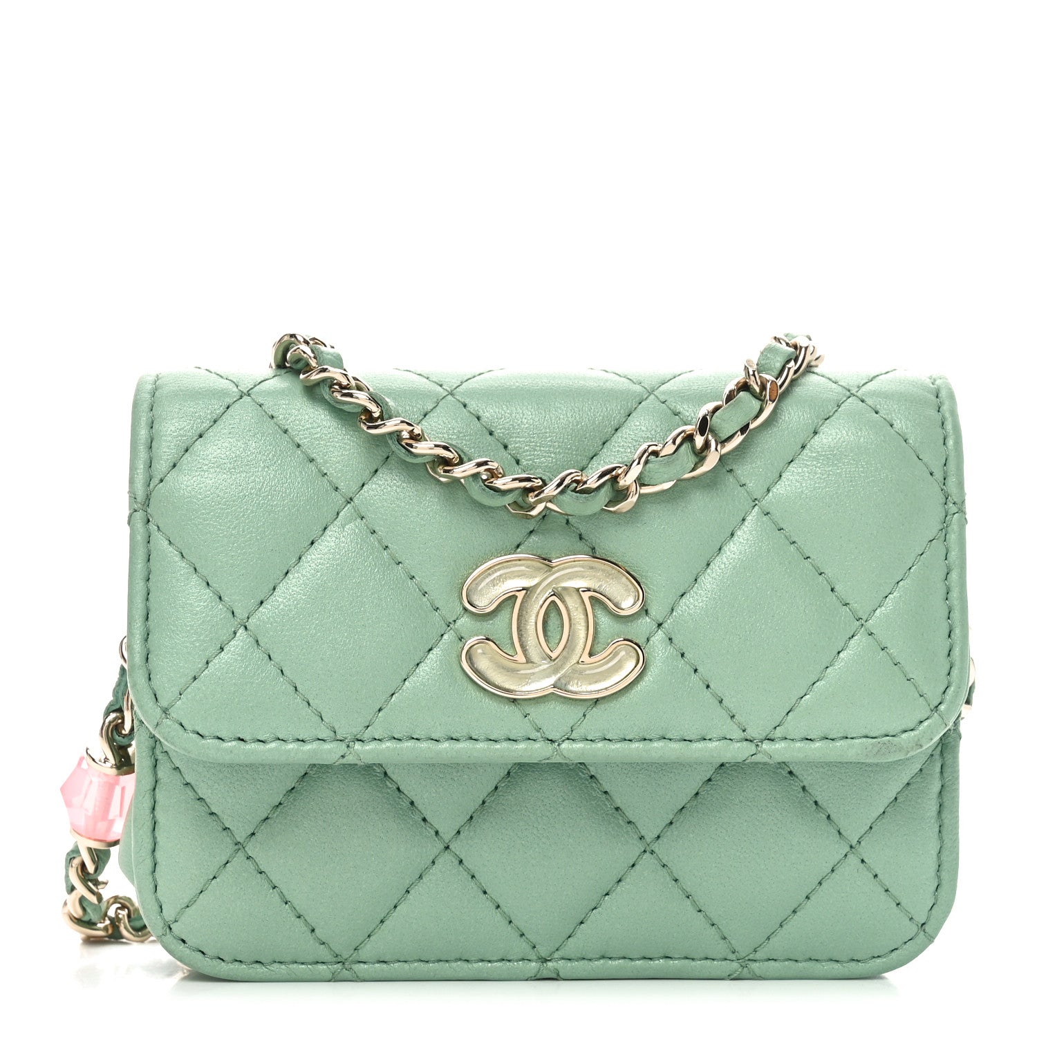 Chanel Lambskin Resin Quilted Mini Heart Flap Light Green