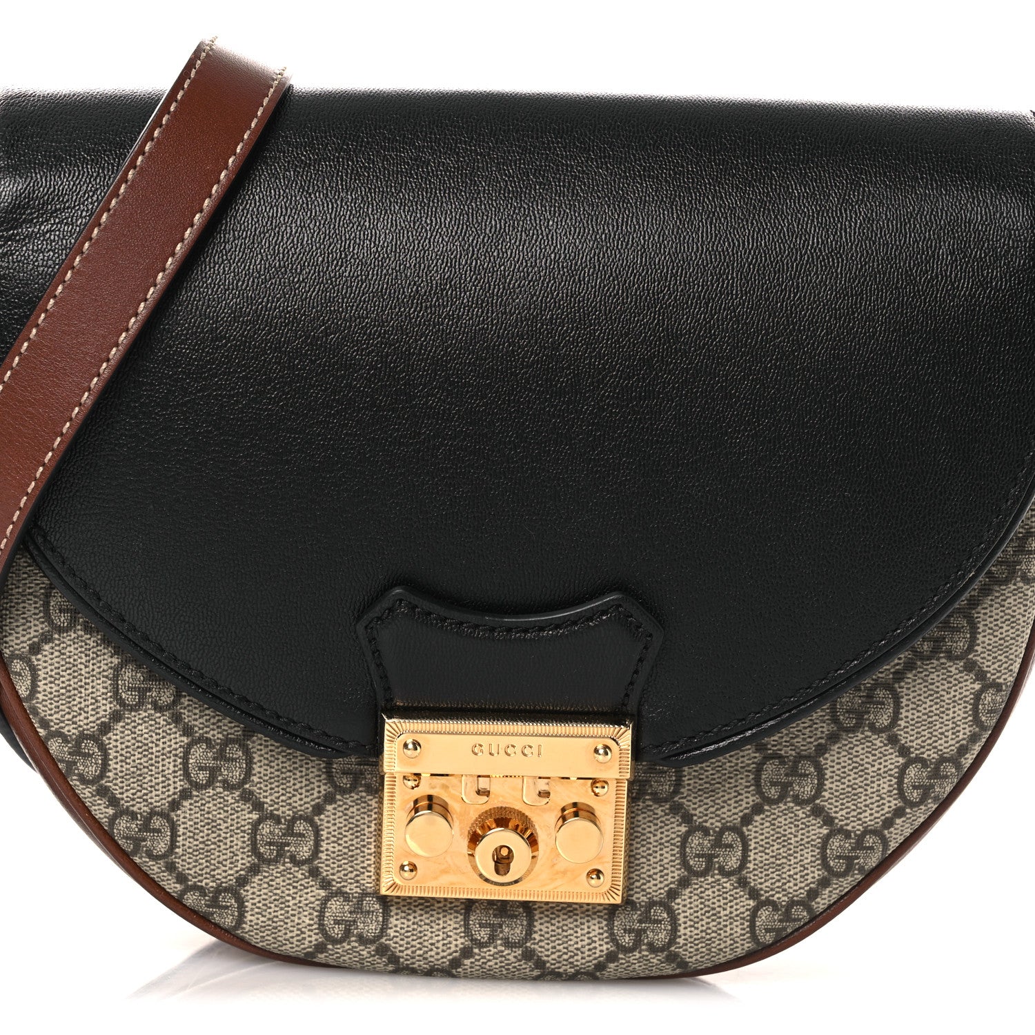 Gucci GG Supreme Monogram Calfskin Small Padlock Messenger Shoulder Bag Beige Black Cuir