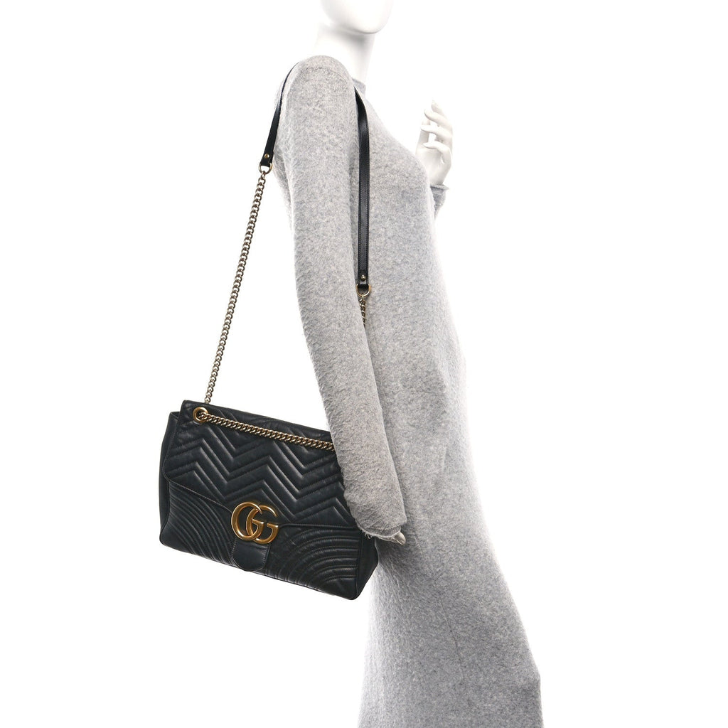 Gucci Calfskin Matelasse Large GG Marmont Shoulder Bag Black