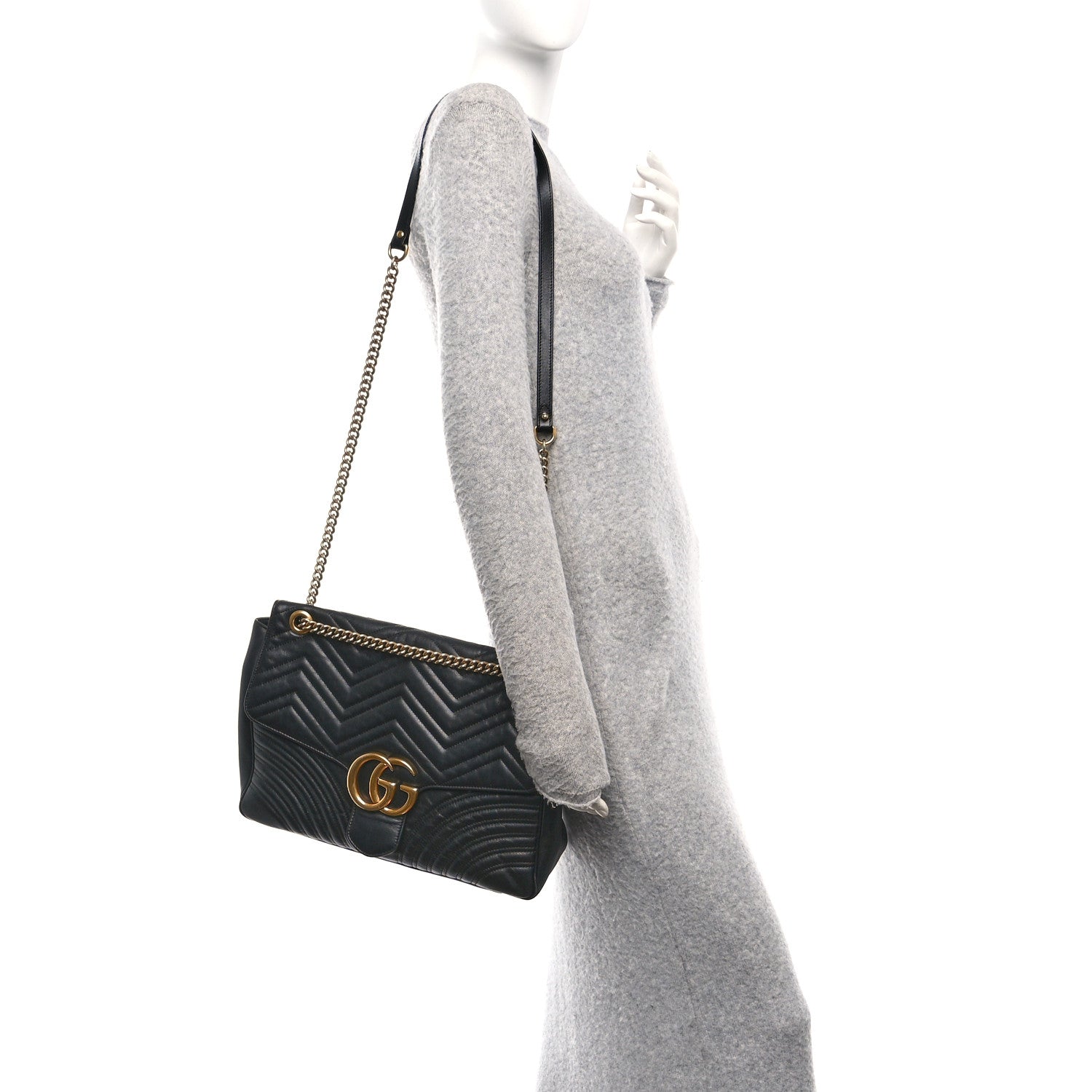Gucci Calfskin Matelasse Large GG Marmont Shoulder Bag Black