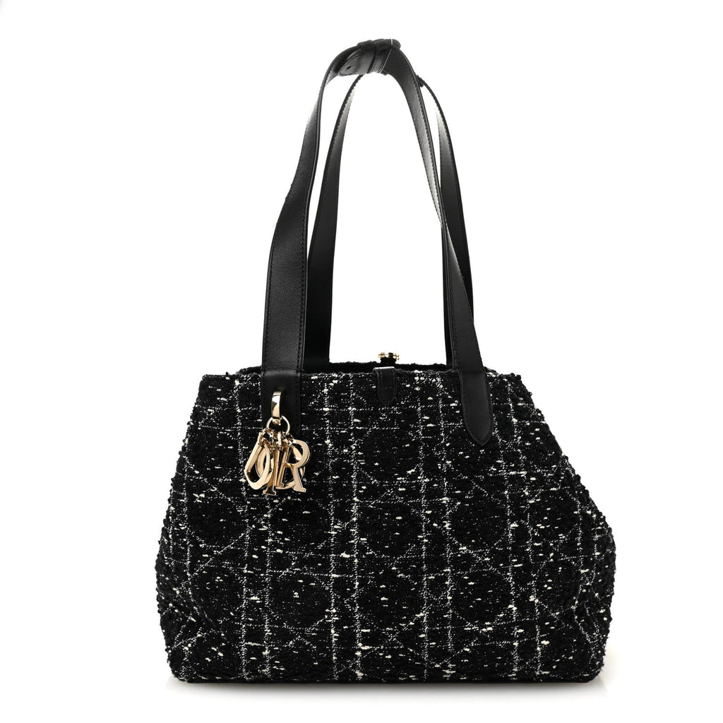 Christian Dior Calfskin Tweed Cannage Medium Toujours  Black White