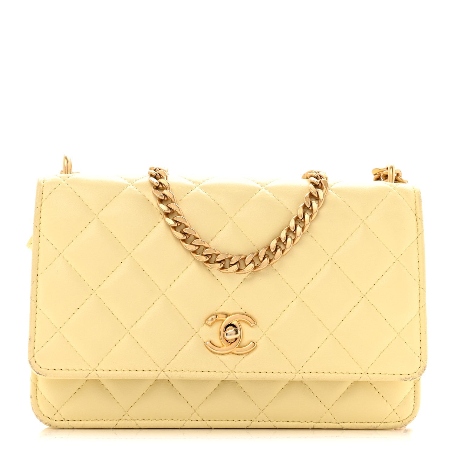 Chanel Lambskin Quilted Sweet Camellia Wallet on Chain WOC Yellow