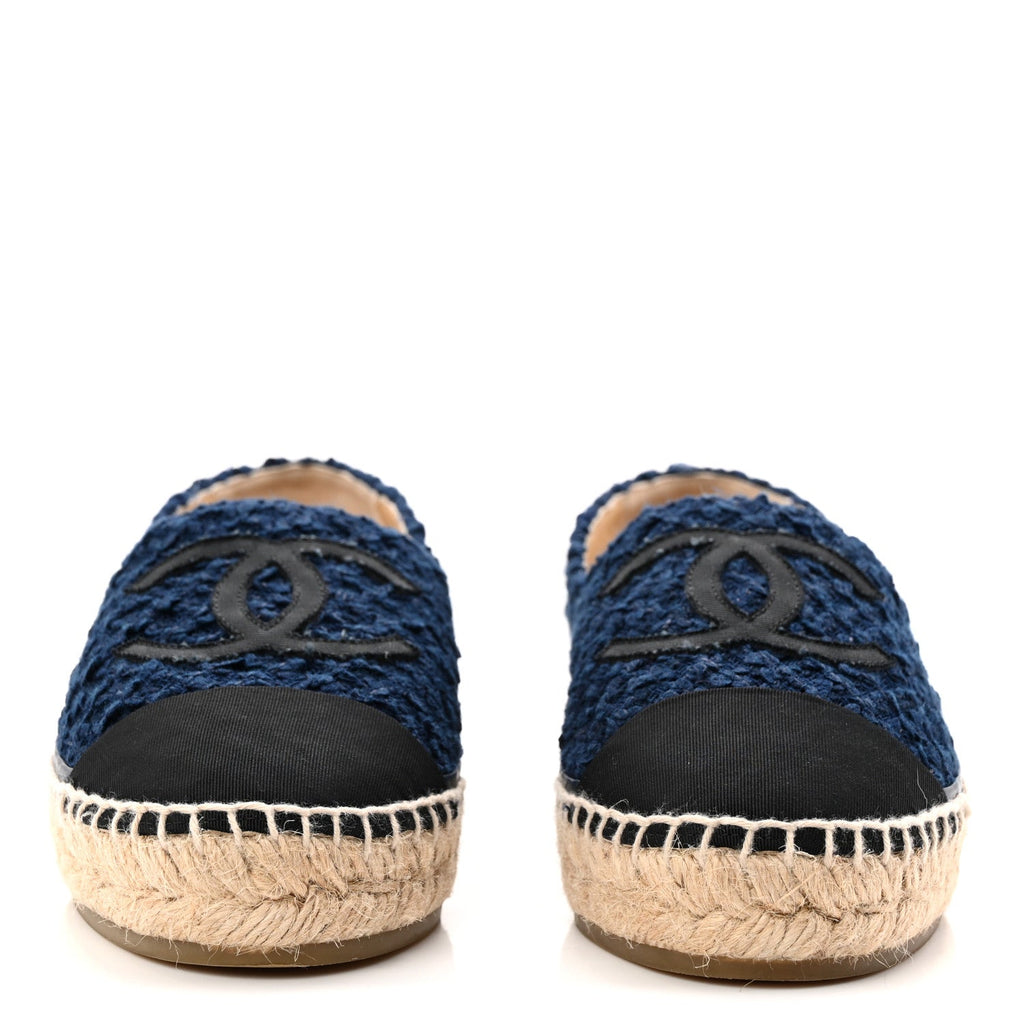 Chanel Tweed Grosgrain CC Espadrilles 37 Navy Black