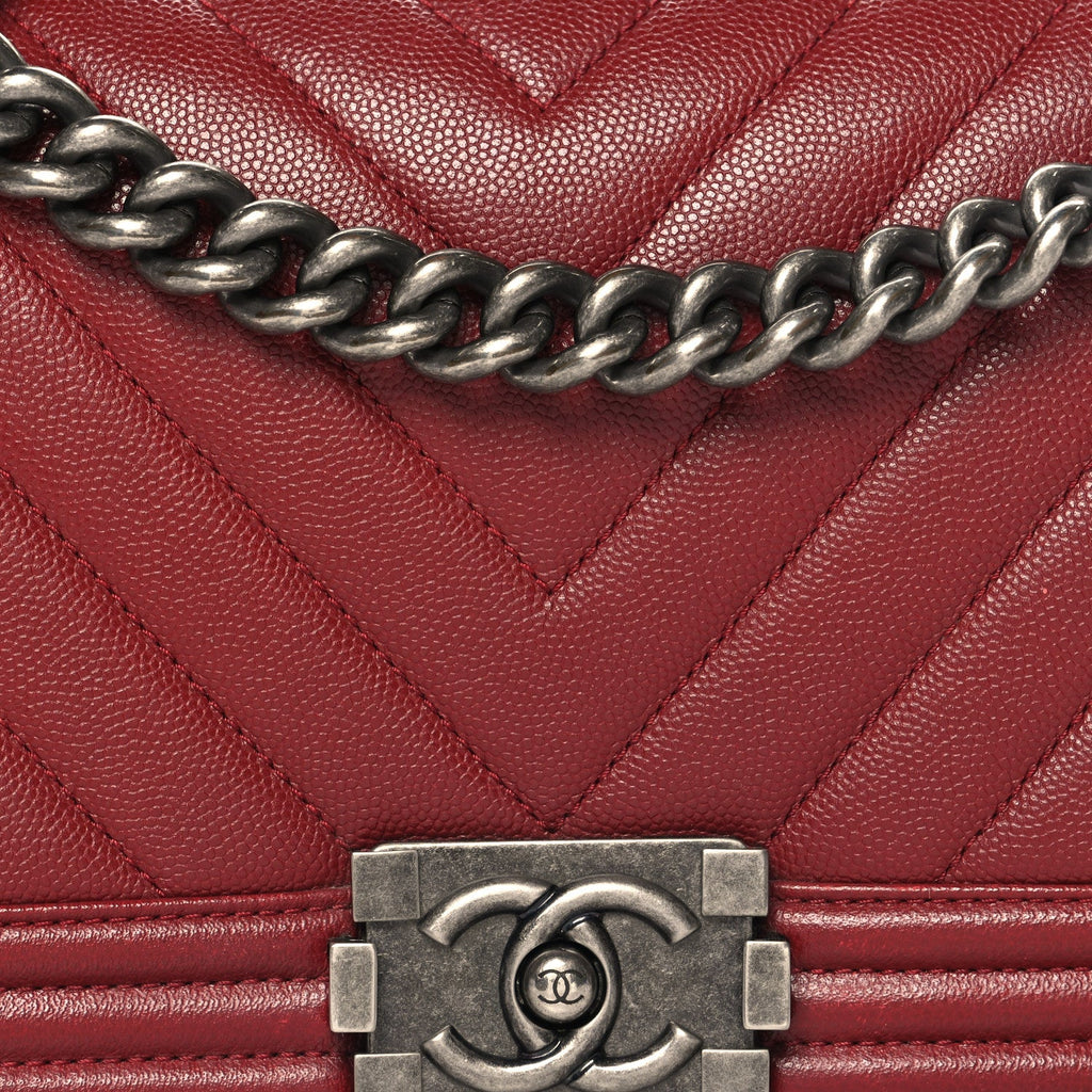 Chanel Caviar Chevron Quilted Medium Boy Flap Red