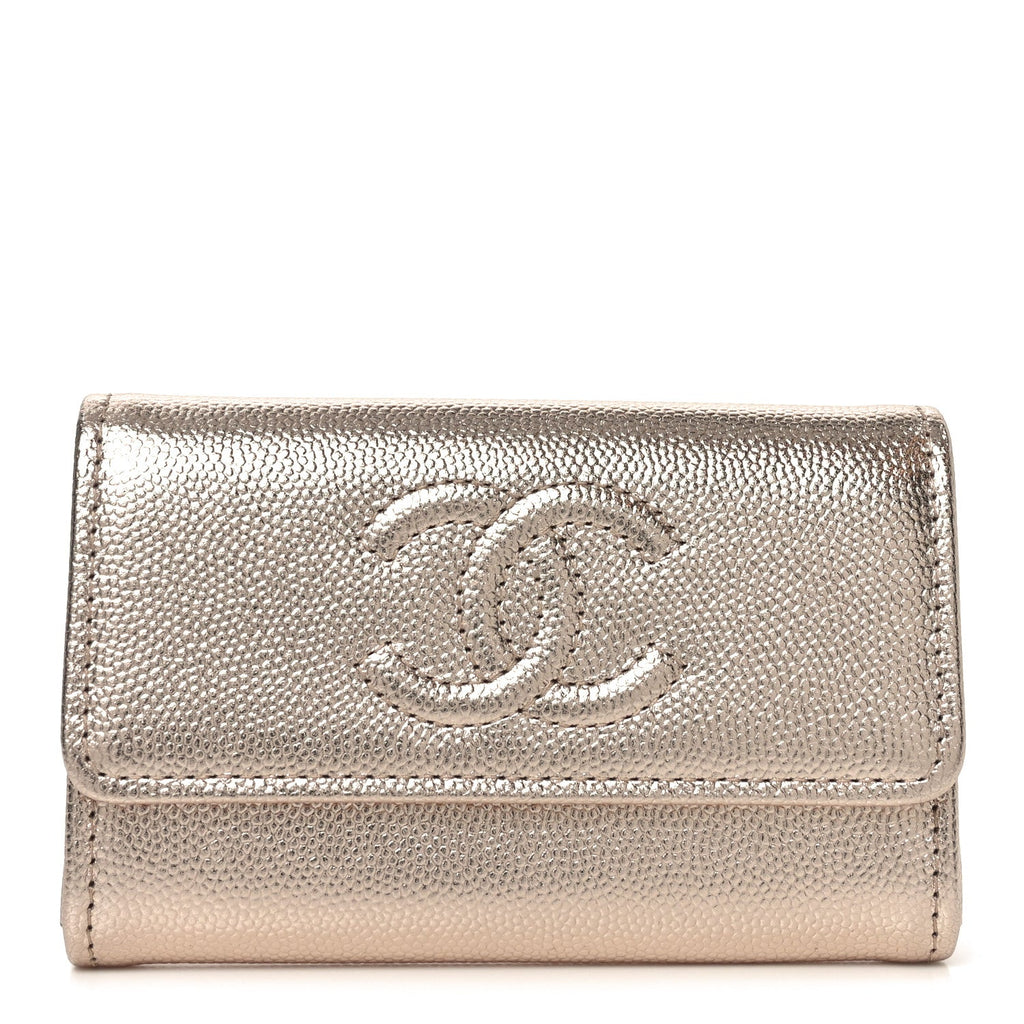 Metallic Caviar Quilted CC Flap Card Holder Copper