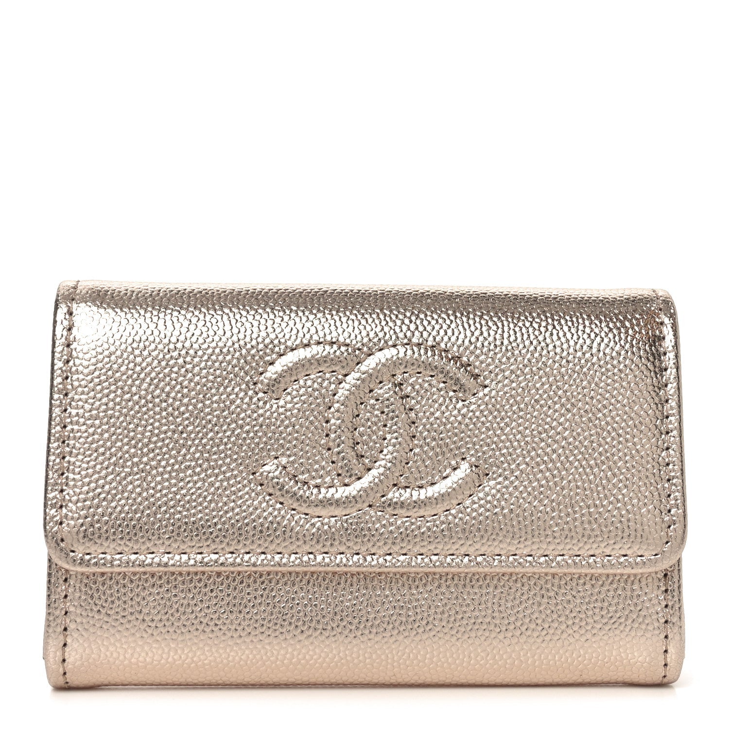 Metallic Caviar Quilted CC Flap Card Holder Copper