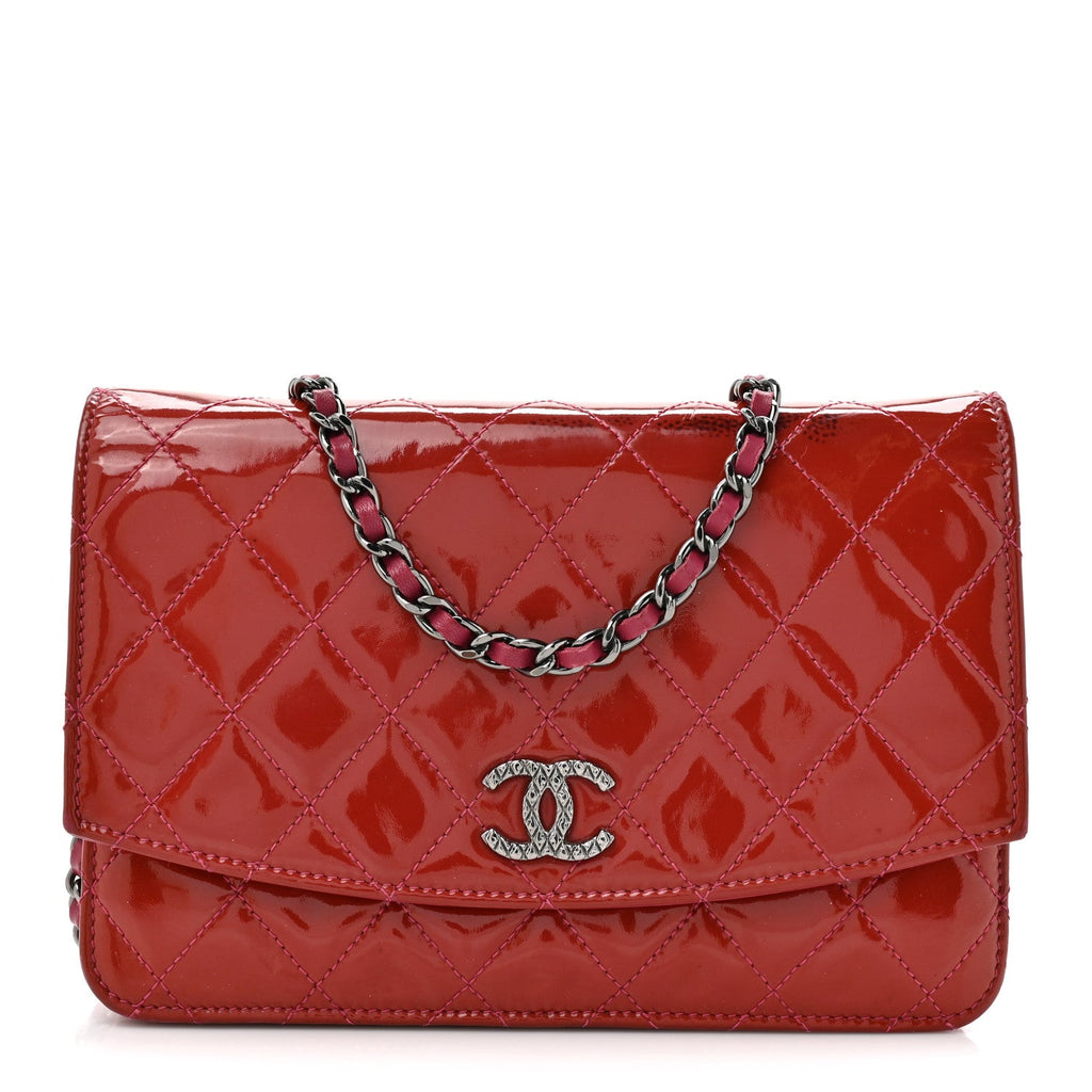 Chanel Patent Quilted Brilliant Wallet On Chain WOC Coral