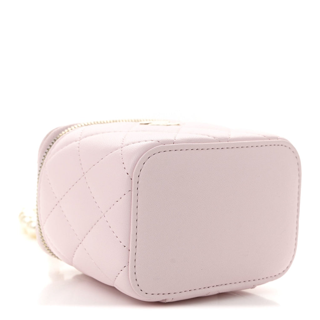 Chanel Lambskin Quilted Mini Vanity Case With Pearl Chain Light Pink