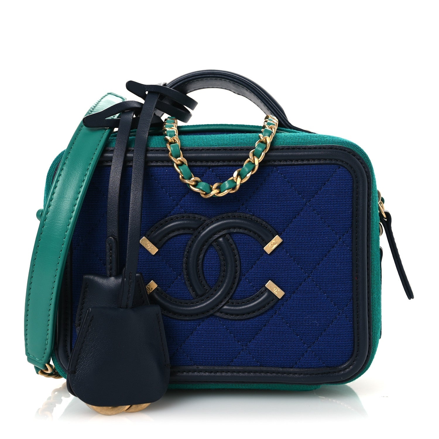 Chanel Jersey Quilted Small CC Filigree Vanity Case Blue Green