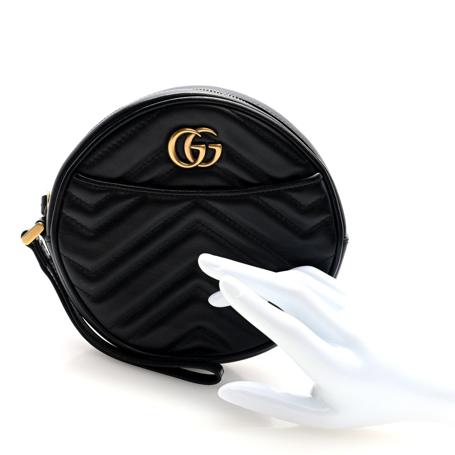 Gucci Calfskin Matelasse GG Marmont Round Wrist Wallet Black