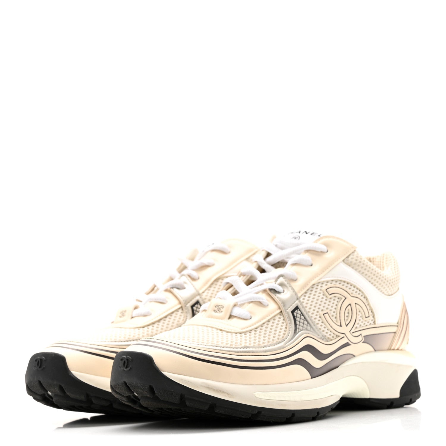 Fabric Laminated Calfskin Stretch CC Sneakers 37 Ivory White Silver