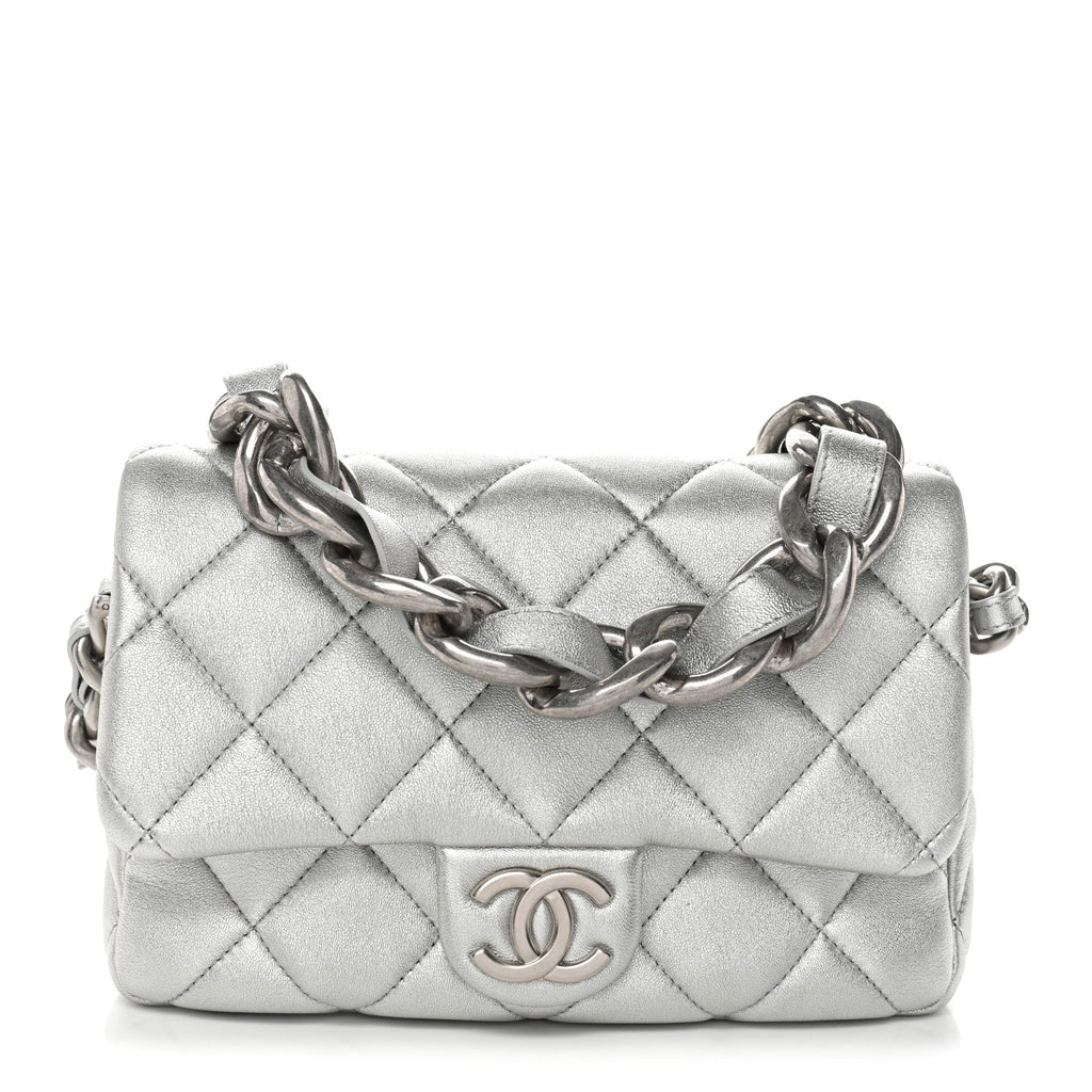 Chanel Metallic Lambskin Lacquered Quilted Small Flap Silver