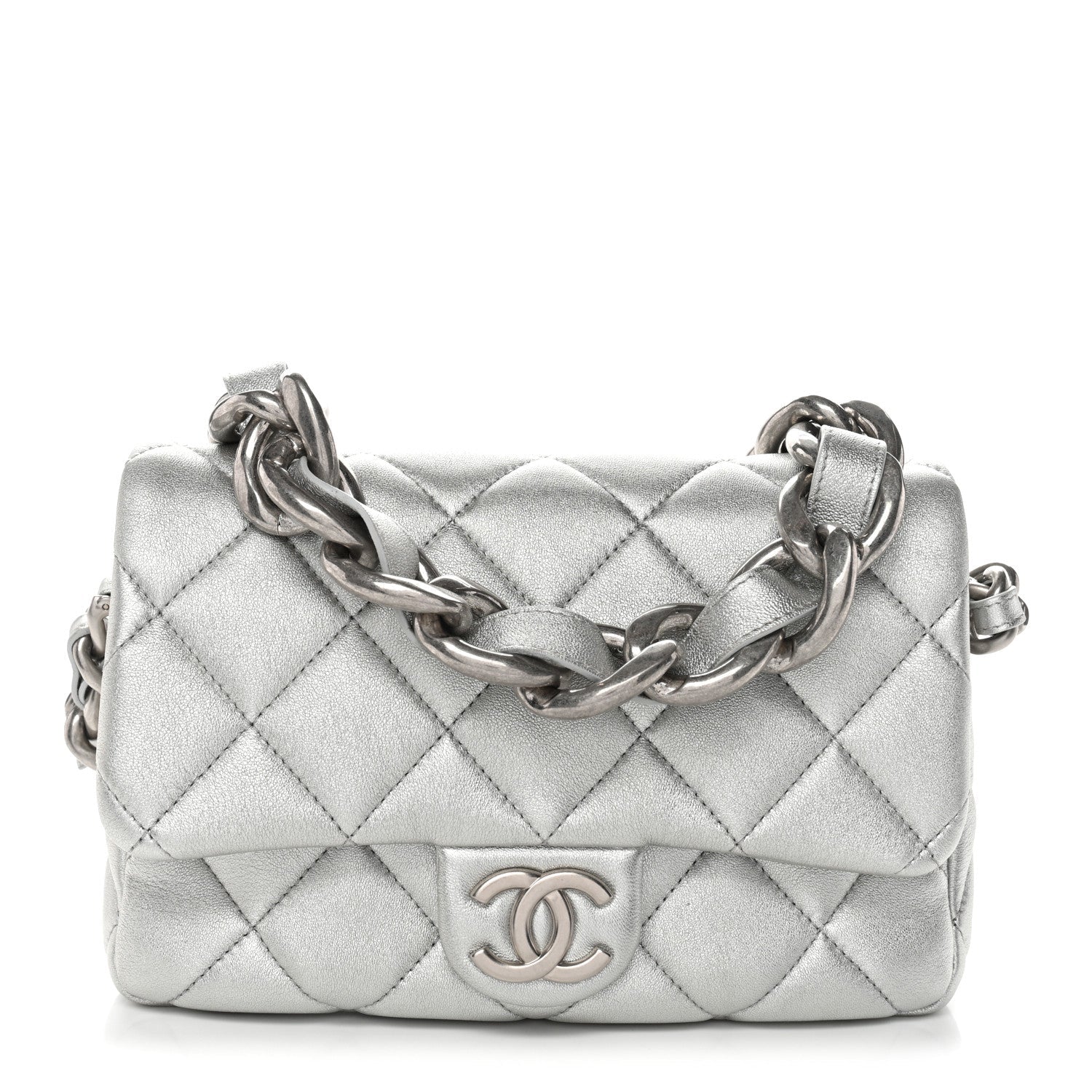 Chanel Metallic Lambskin Lacquered Quilted Small Flap Silver