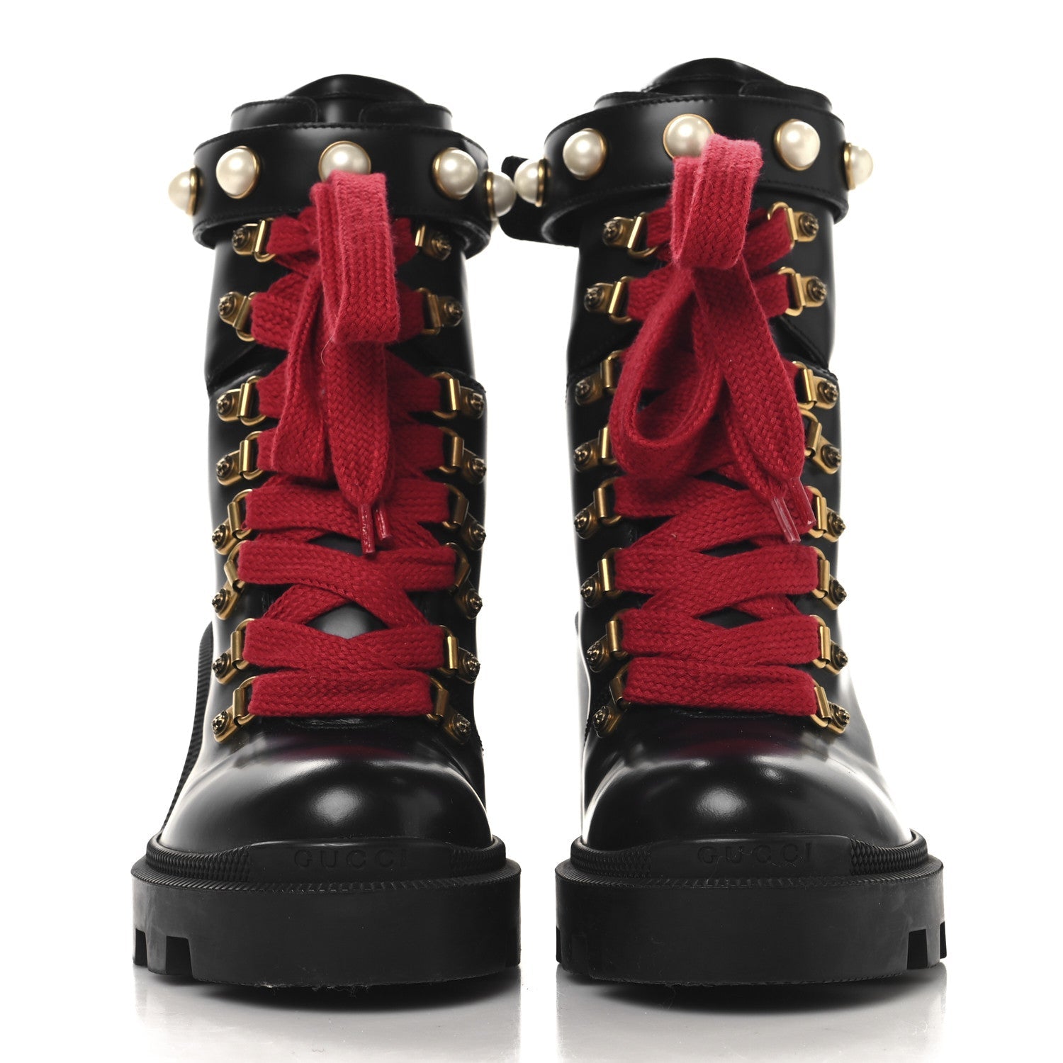 Gucci Magnum Calfskin Pearl Lace Up Combat Ankle Boots 36.5 Black