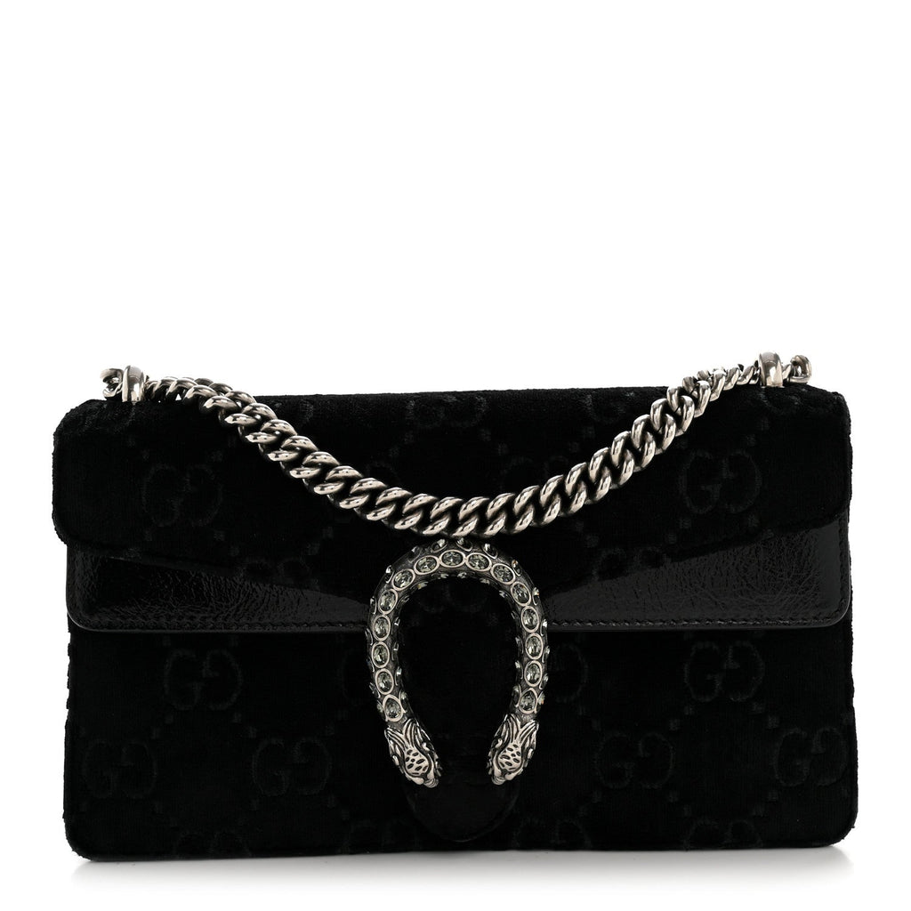 Gucci Velvet Skipper Crystal GG Monogram Small Dionysus Shoulder Bag Black Black Diamond
