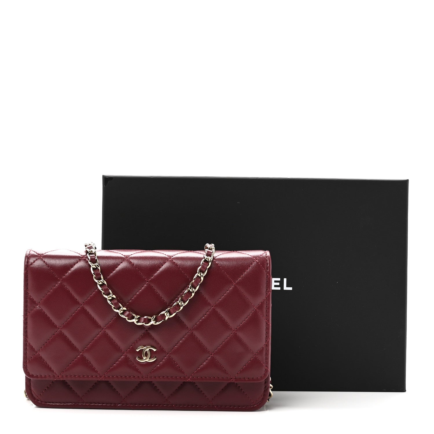 Chanel Lambskin Quilted Wallet On Chain WOC Burgundy