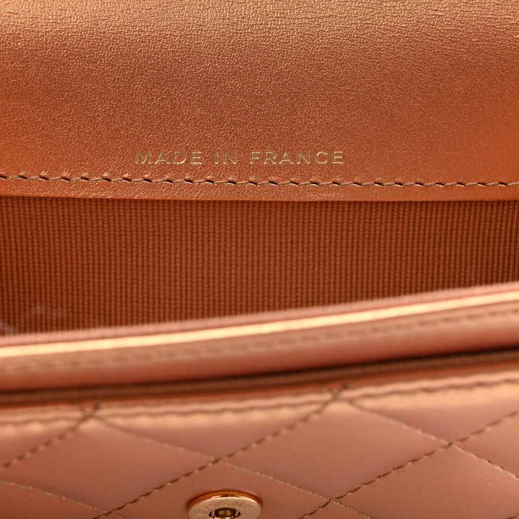 Metallic Lambskin Quilted Flap Card Holder Wallet Golden
