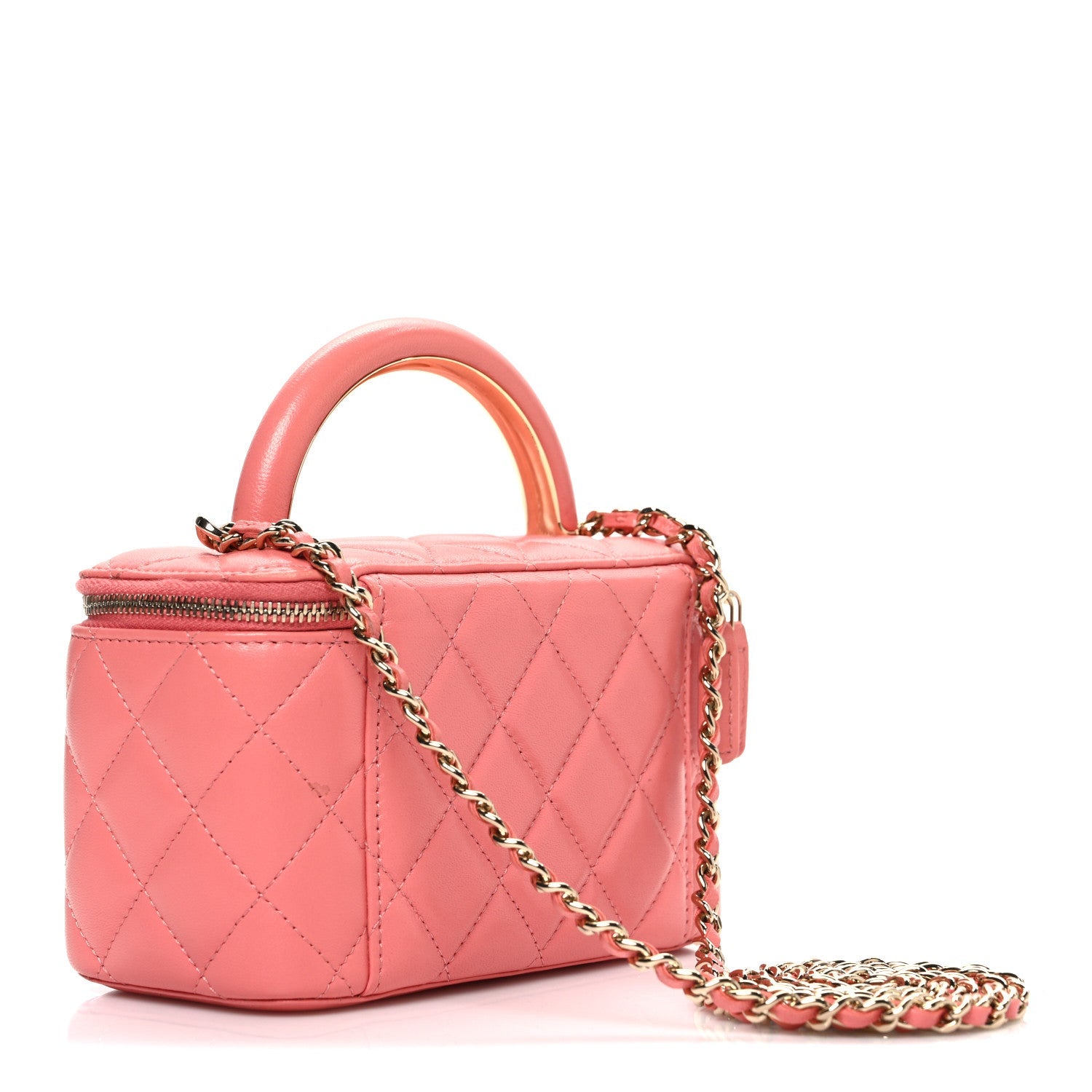 Chanel Lambskin Quilted Small Charming Top Handle Vanity Case With Chain Pink