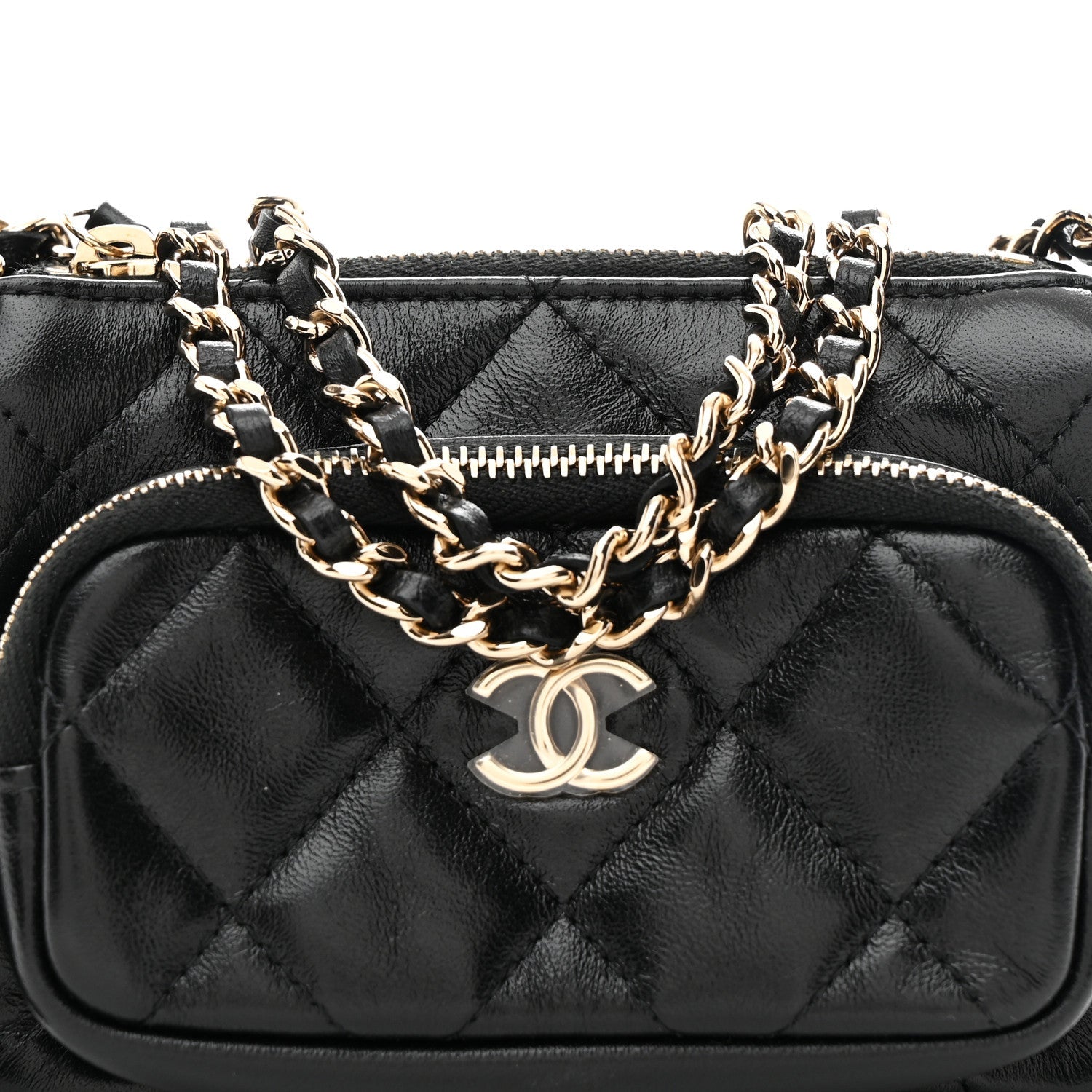 Chanel Shiny Crumpled Lambskin Quilted Mini Clutch With Chain Black
