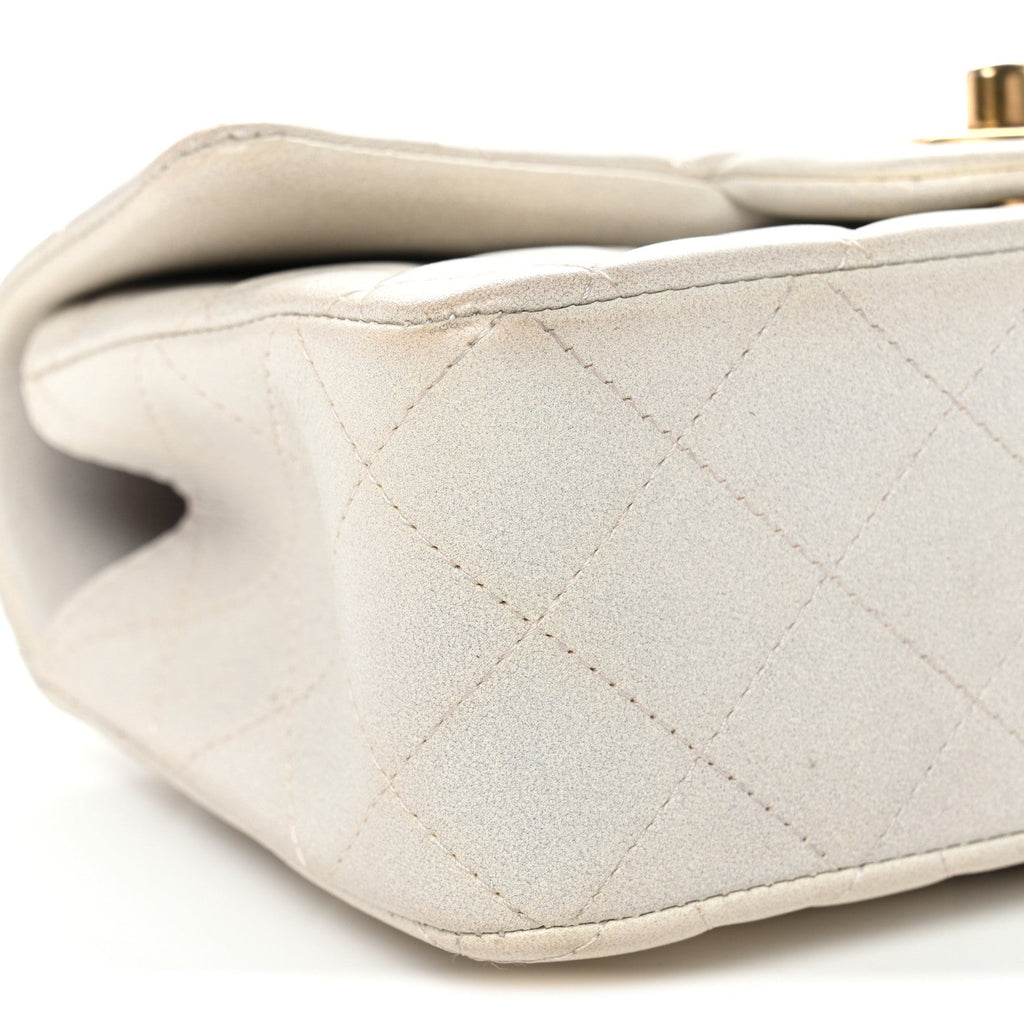Chanel Iridescent Lambskin Quilted Mini Top Handle Rectangular Flap White
