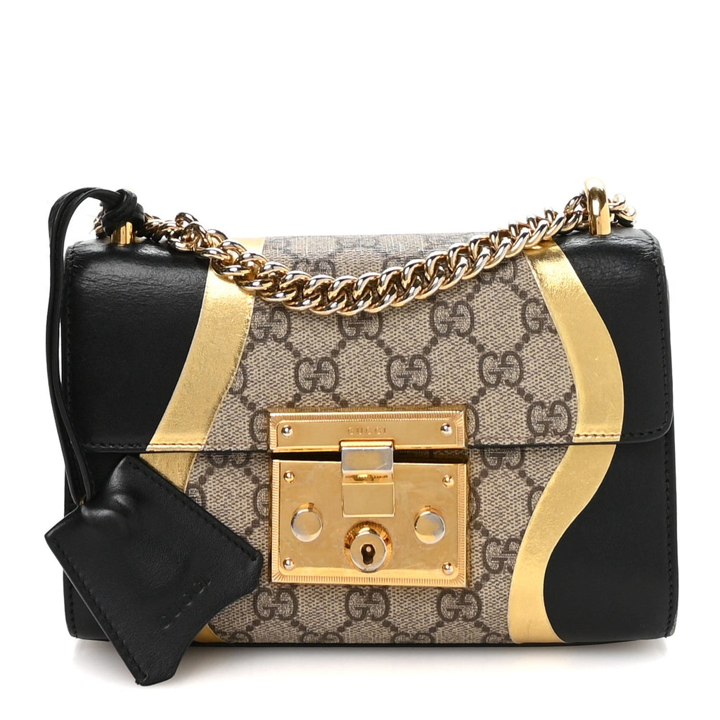 Gucci Calfskin GG Supreme Monogram Small Padlock Shoulder Bag Black Gold