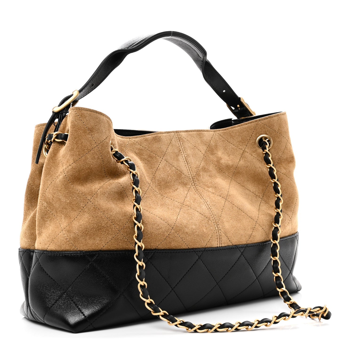 Chanel Suede Calfskin Shiny Lambskin Quilted Small Coco Base Shopping Bag Beige Black