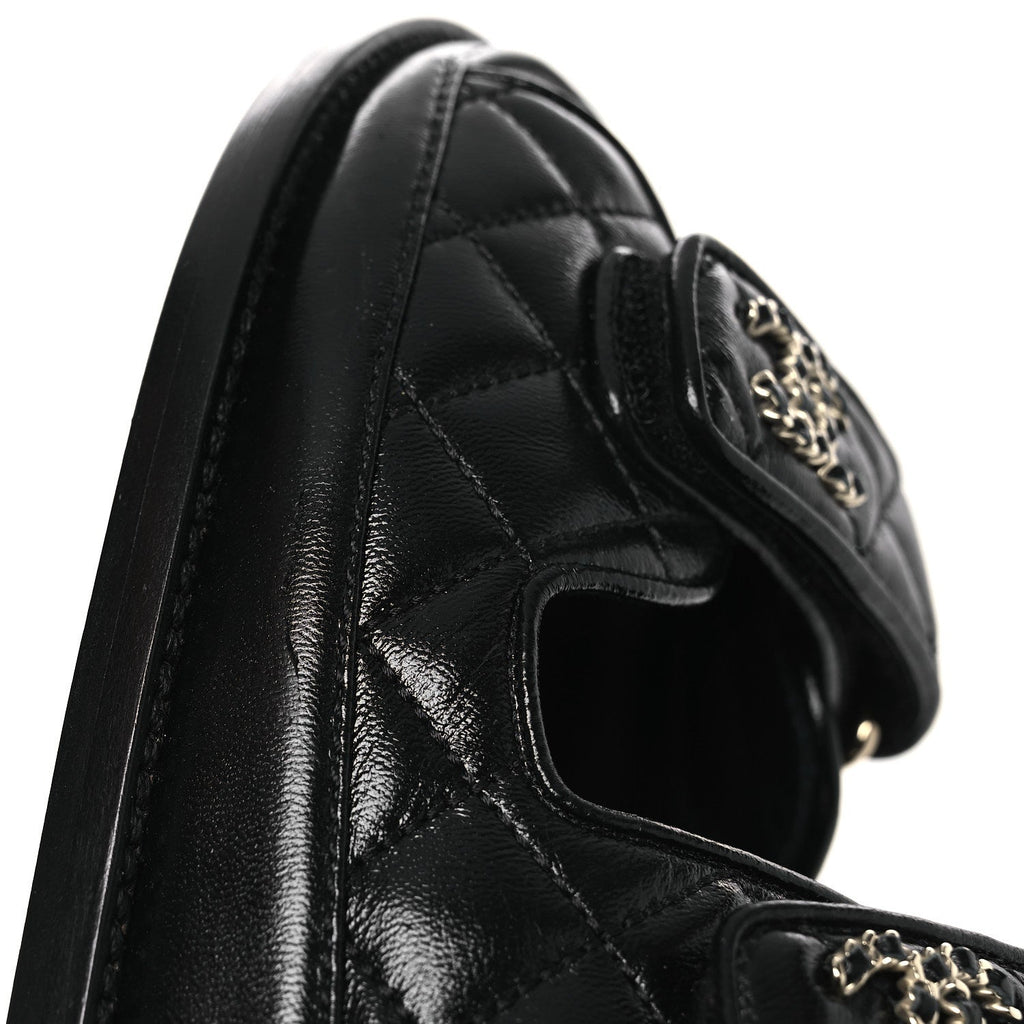 Lambskin Quilted Velcro Dad Chain CC Slide Sandals 38.5 Black