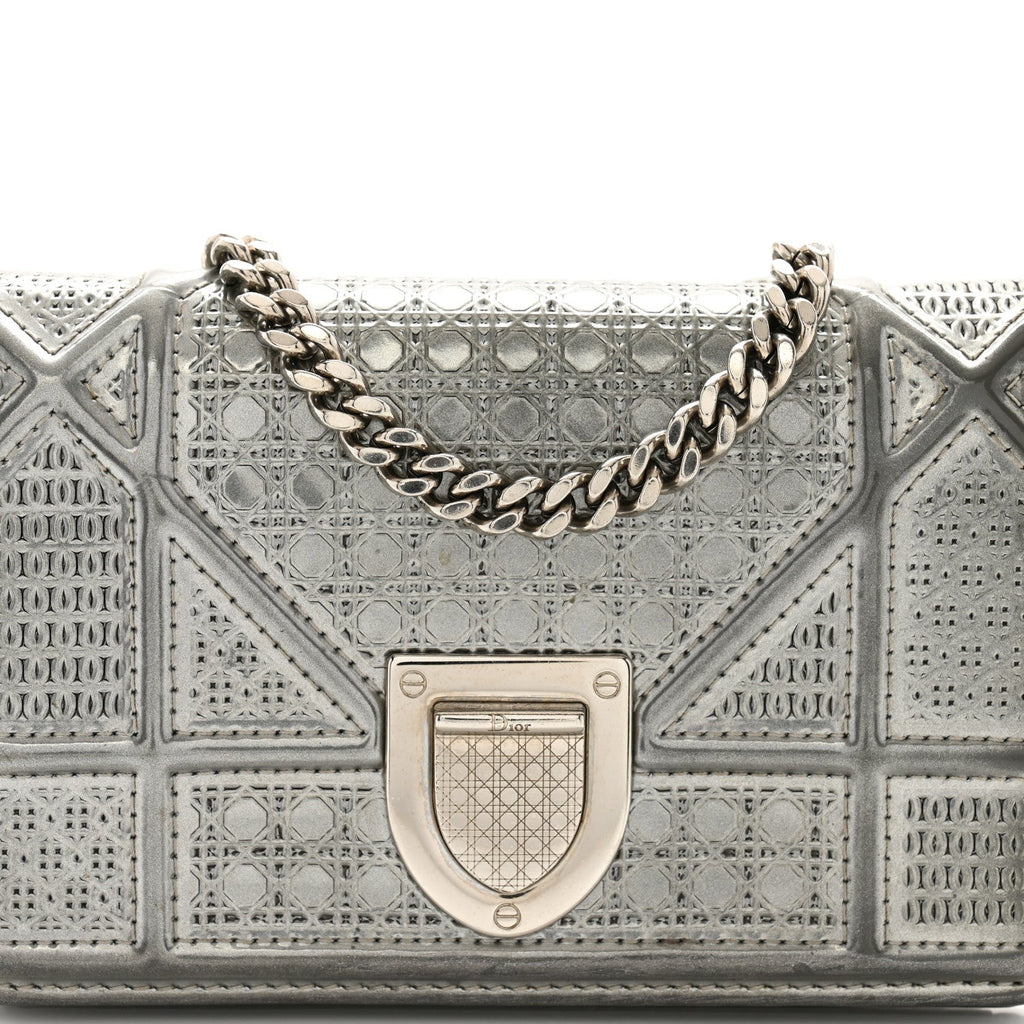 Christian Dior Metallic Patent Micro-Cannage Baby Diorama Flap Bag Silver