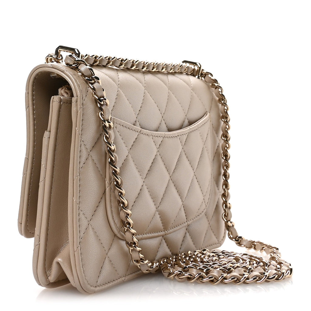 Chanel Pearly Lambskin Quilted Charms Wallet On Chain WOC Beige