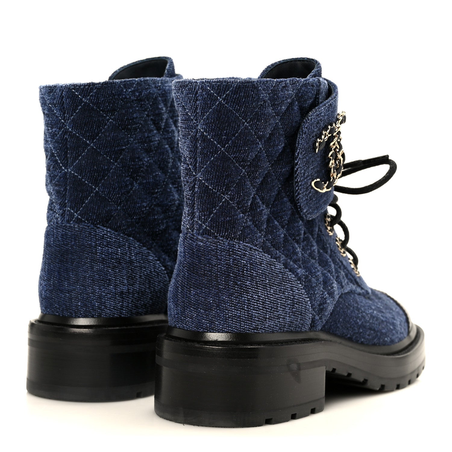 Chanel Shiny Calfskin Velvet Quilted Lace Up Combat Boots 37 Blue