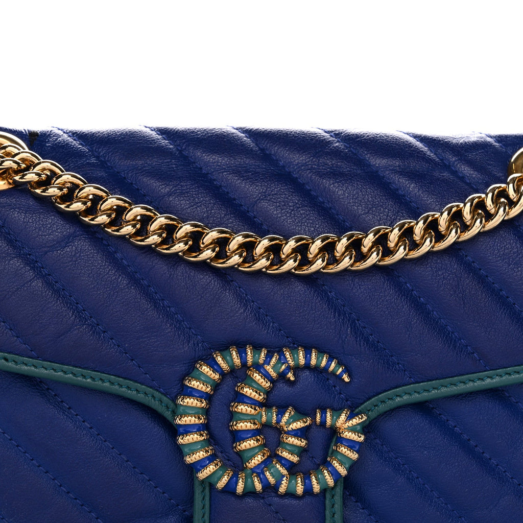 Gucci Azalea Calfskin Enamel Matelasse Diagonal Small Torchon GG Marmont Shoulder Bag Imperial Blue Pavone
