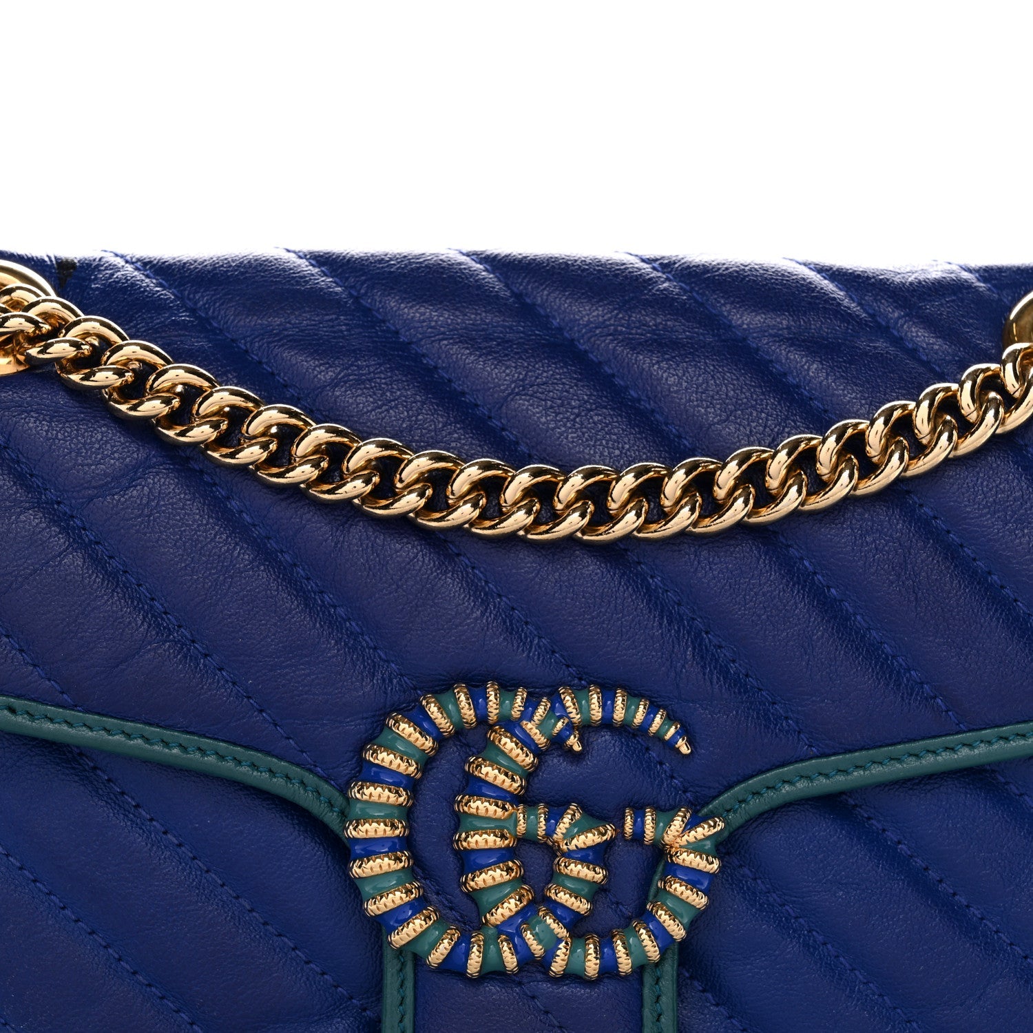 Gucci Azalea Calfskin Enamel Matelasse Diagonal Small Torchon GG Marmont Shoulder Bag Imperial Blue Pavone