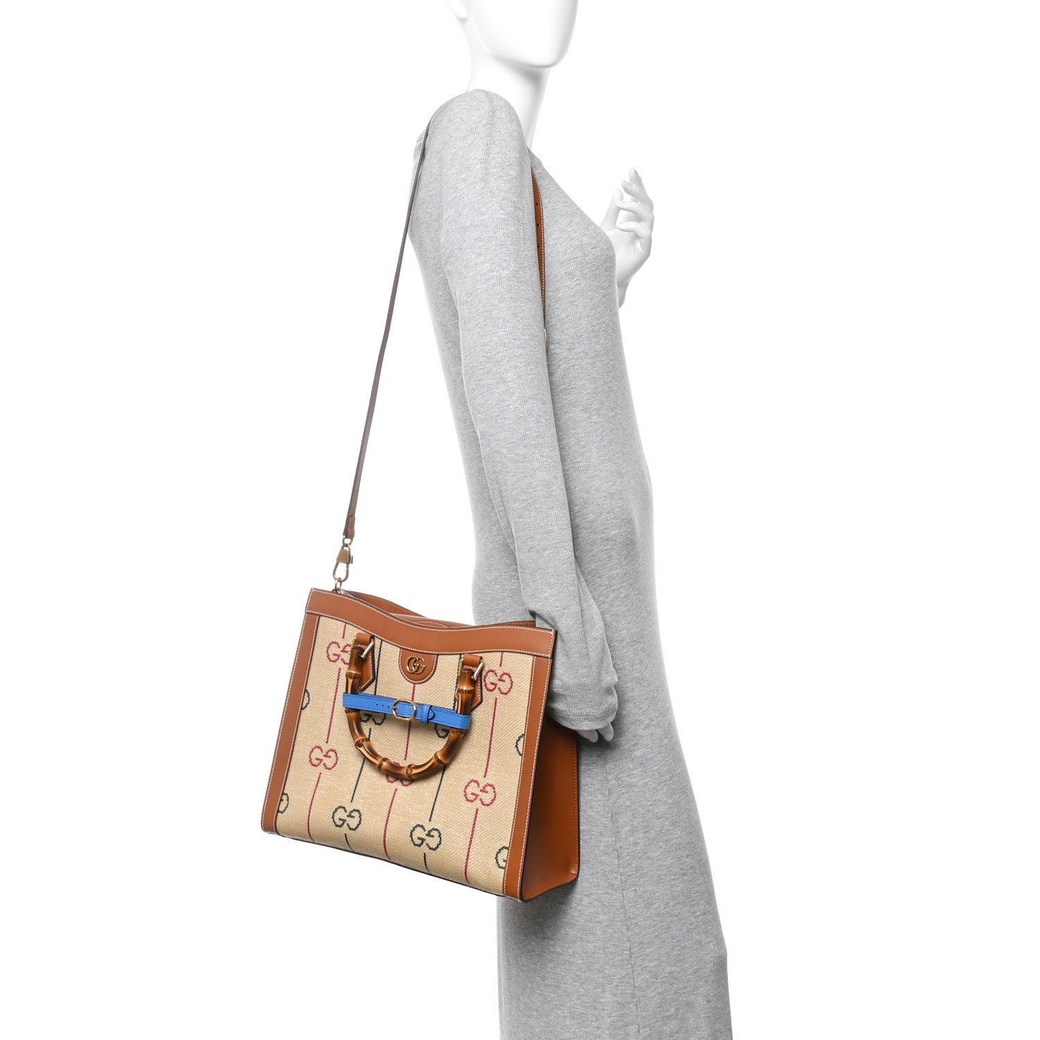 Gucci Raffia Monogram GG Jacquard Medium Diana Tote Bag Natural Red Green Modern Blue
